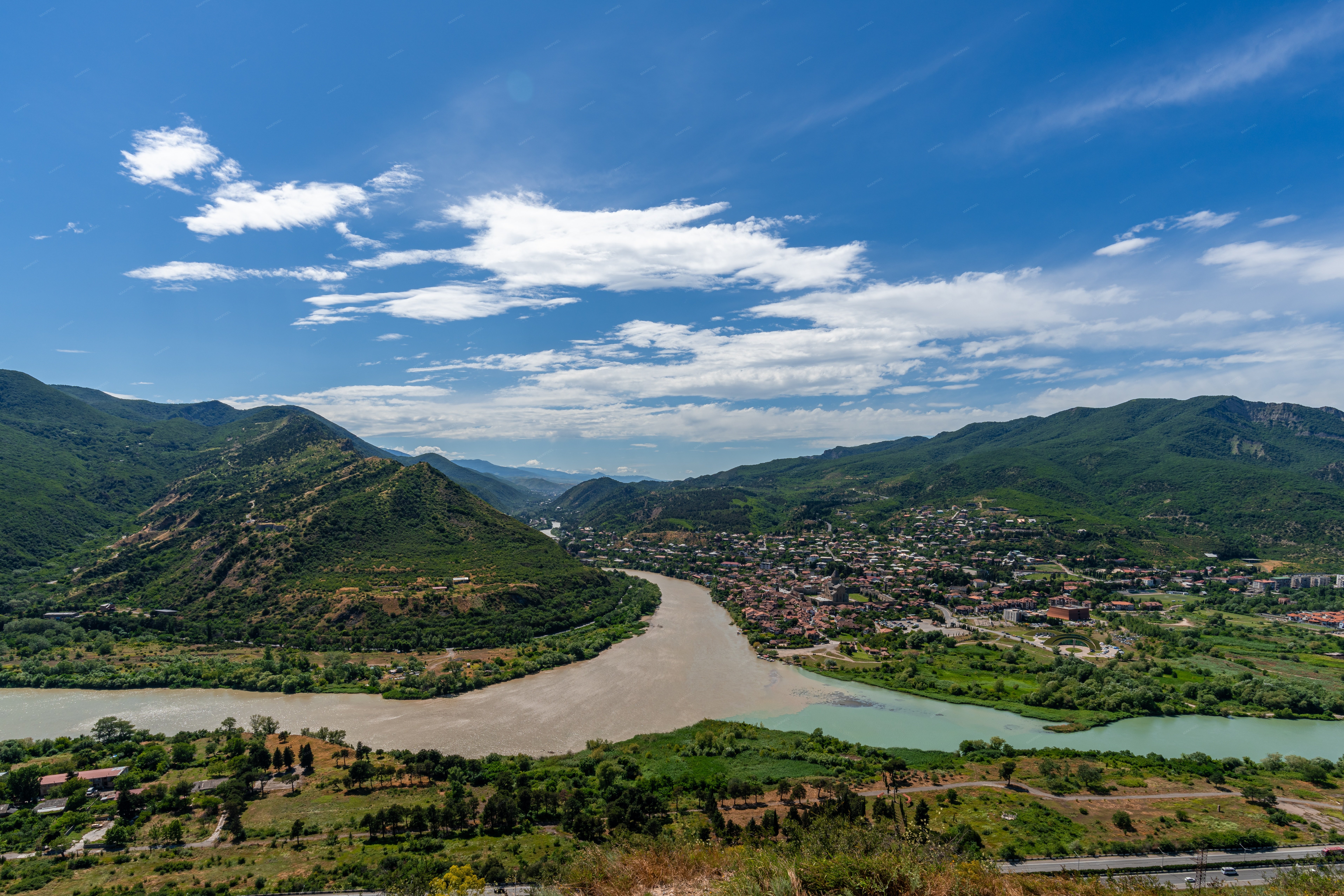scenic landscape featuring a mountainous region with a river Georgia - Full size view