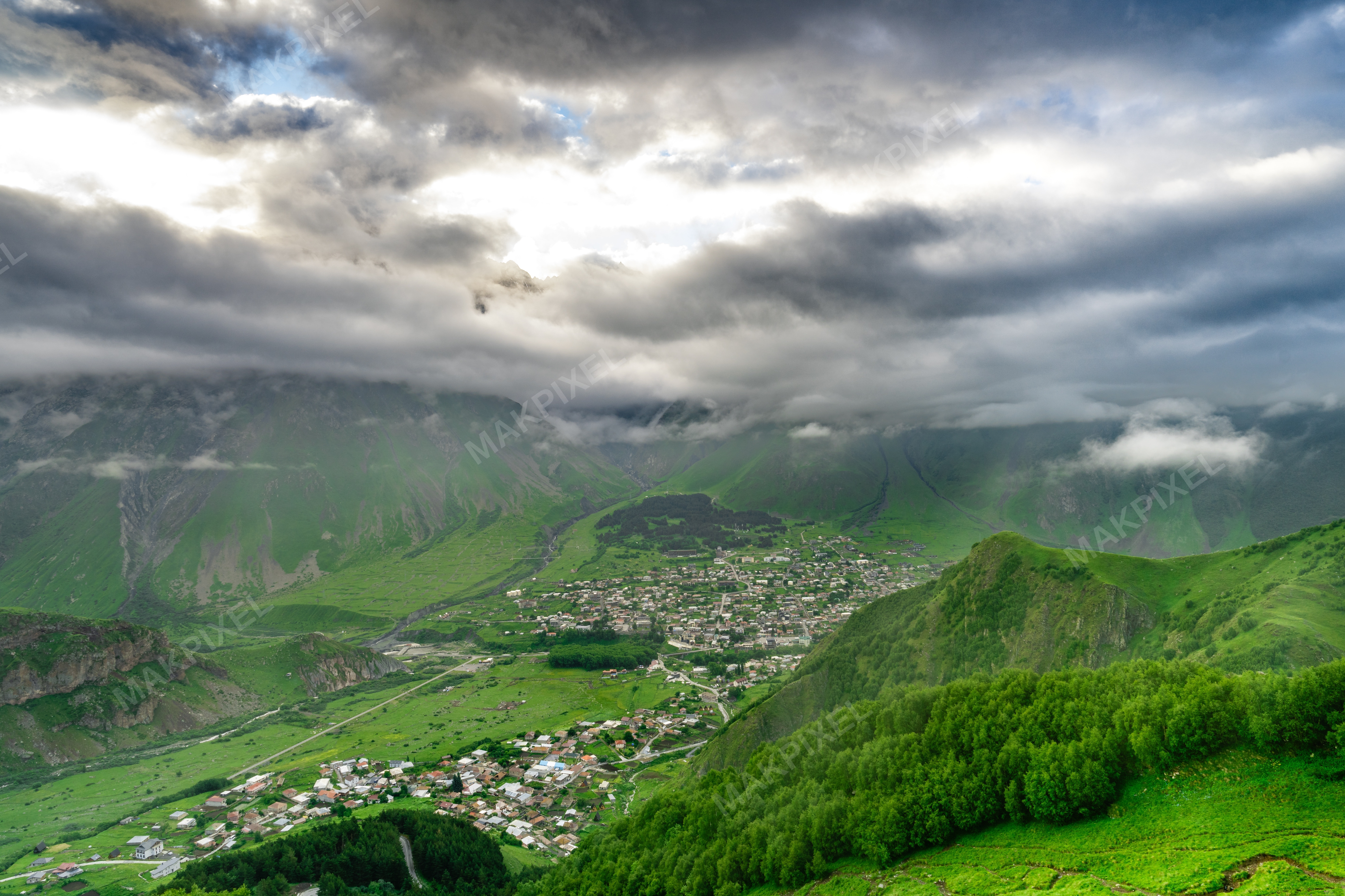 Kazbegi Georgia Valley Rural Overcast Stock Photo - Full size view