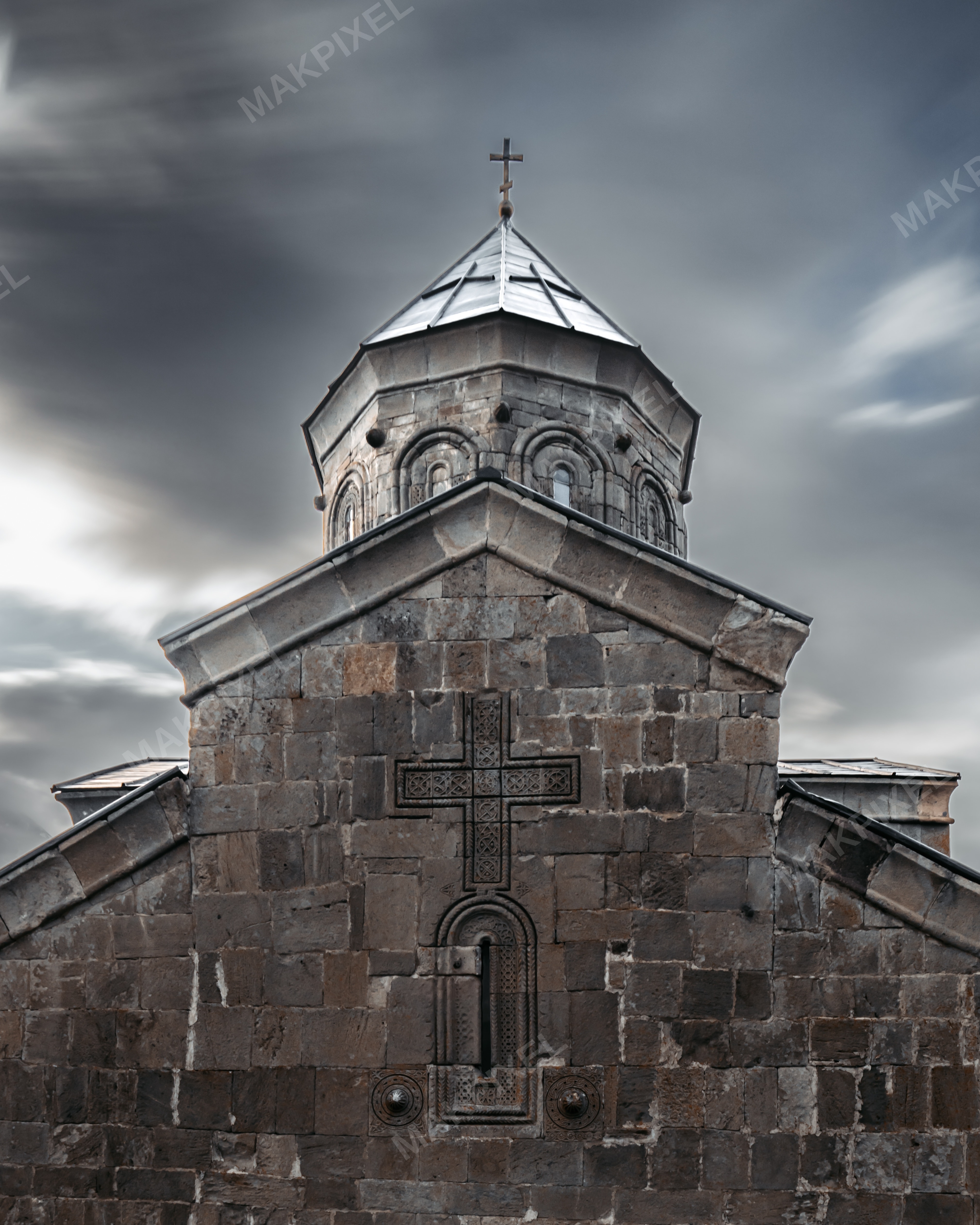 Kazbegi Large Stone Church Prominent Tower Cross Top. - Full size view