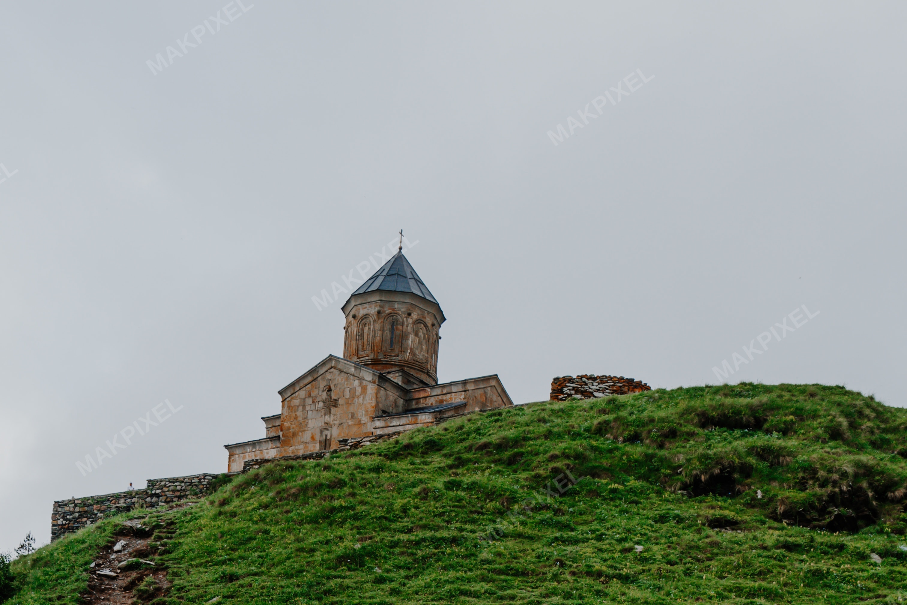Kazbegi Historic Stone Church Situated Hilltop Clear Above. - Full size view