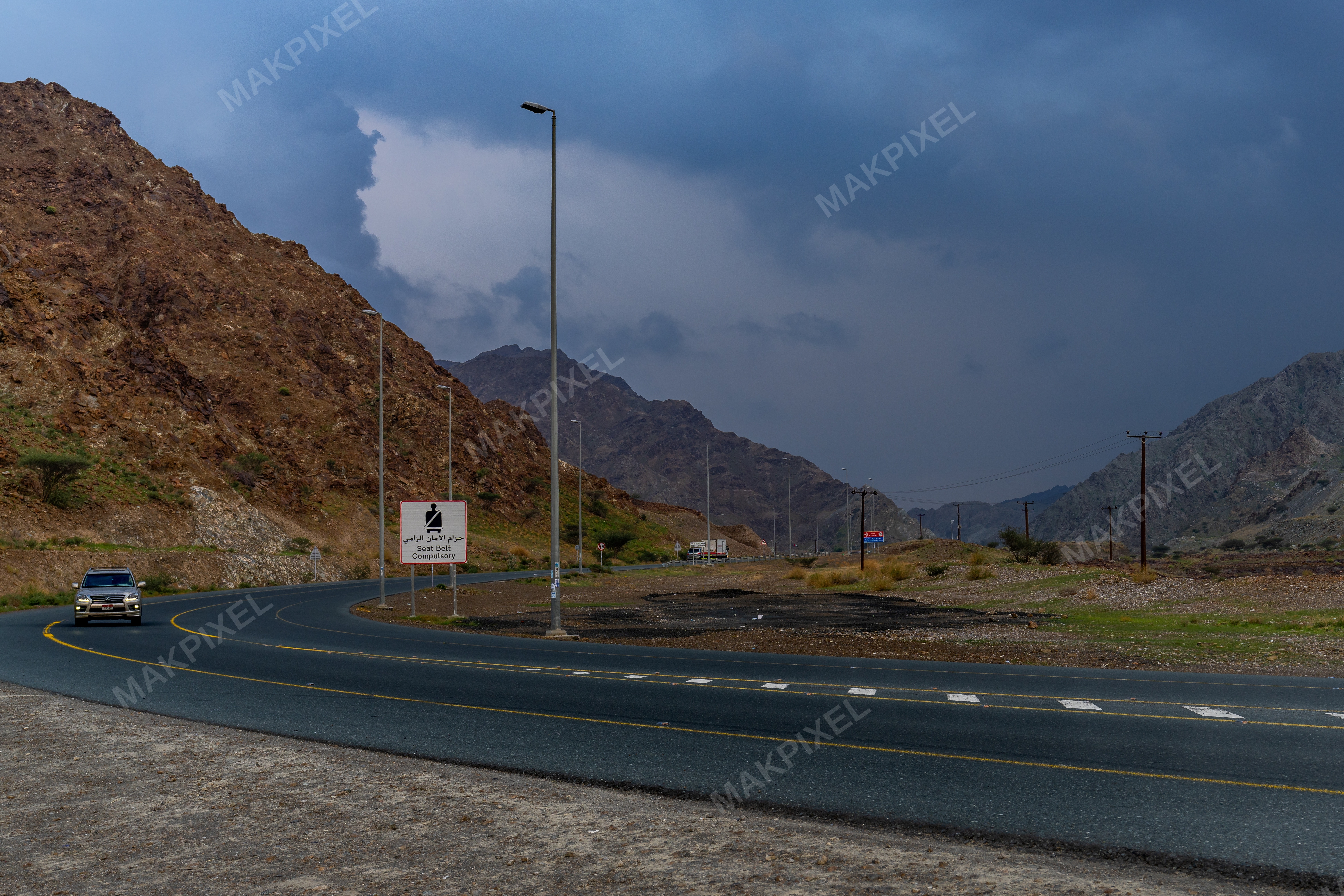 Curved Mountain Road Car Masafi Scenic Drive Dramatic Landscape - Full size view