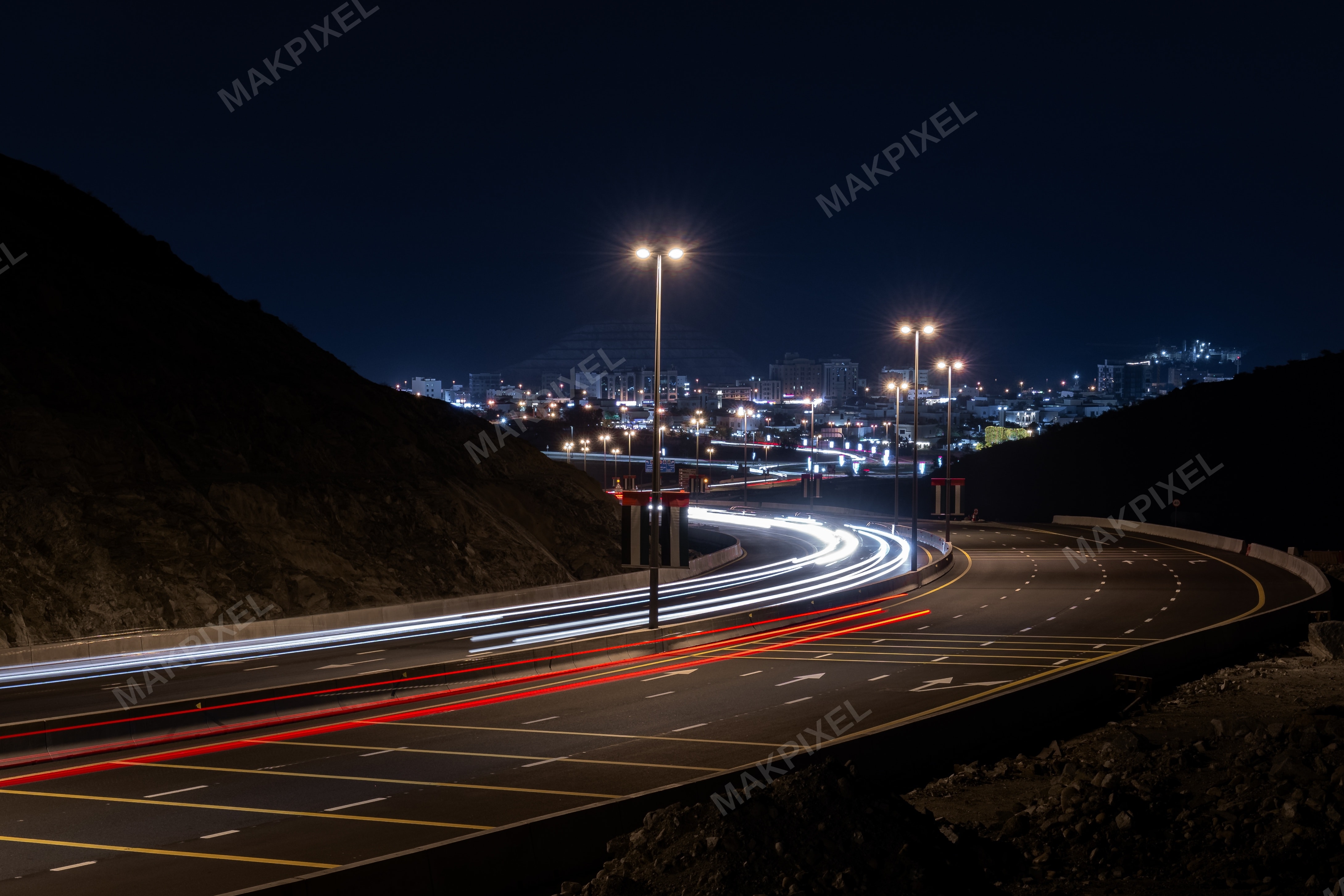 Night Highway Light Trails, Masafi City Skyline, Modern - Full size view