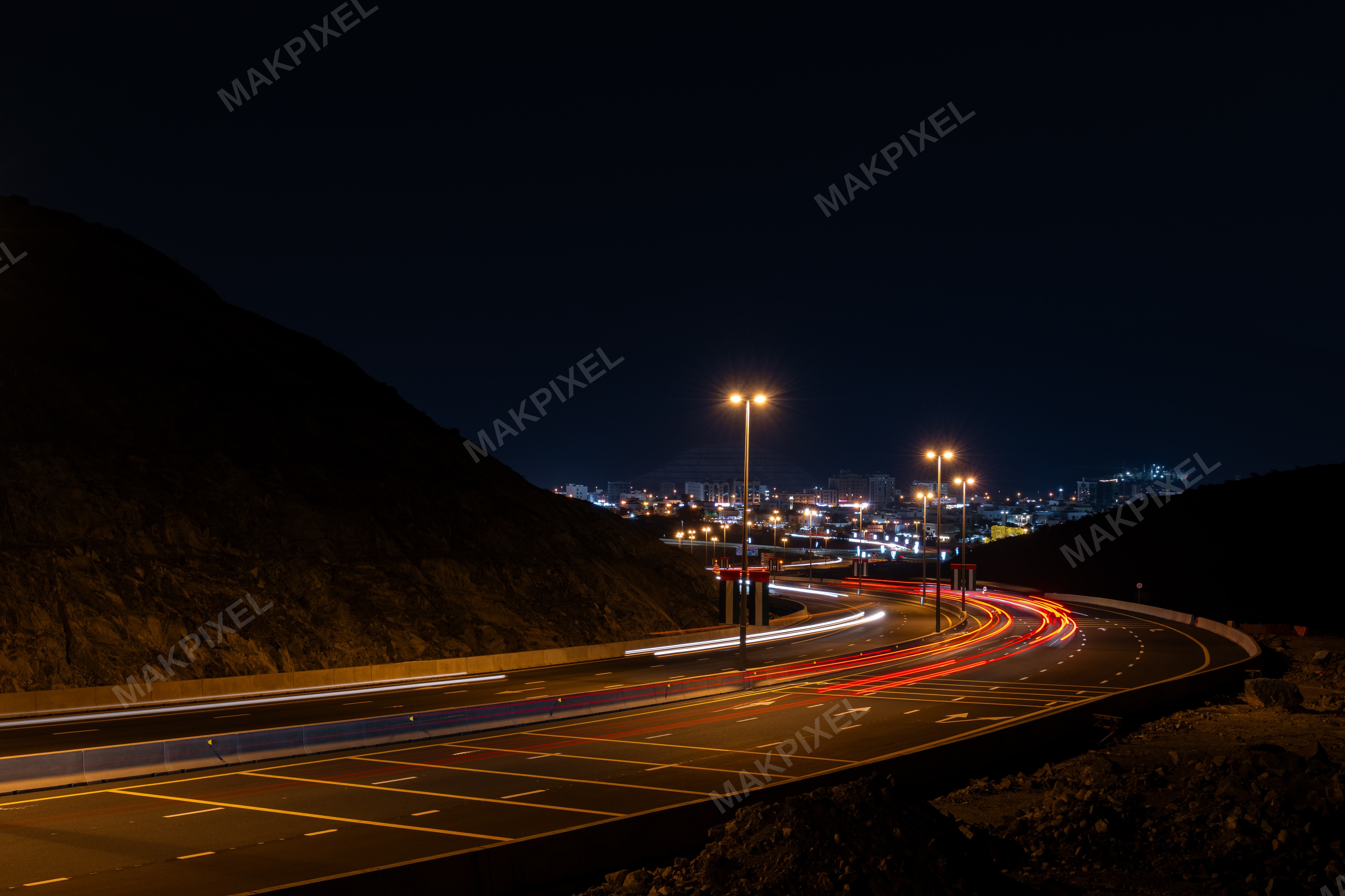 Night Highway Light Trails, Masafi City Skyline, Modern - Full size view