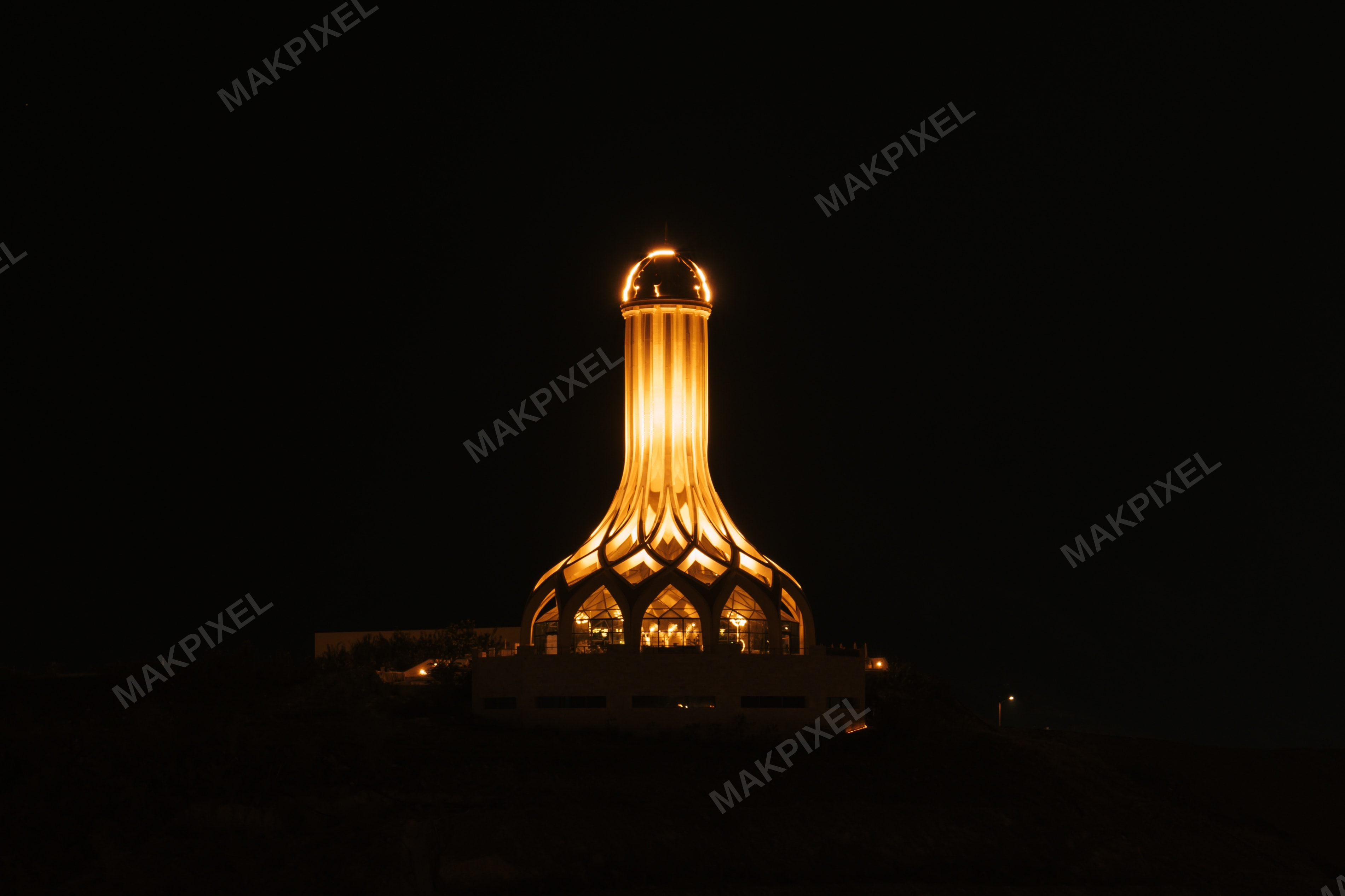 Illuminated Modern Monument at Night, Masafi UAE Landscape Stock Photo - Full size view