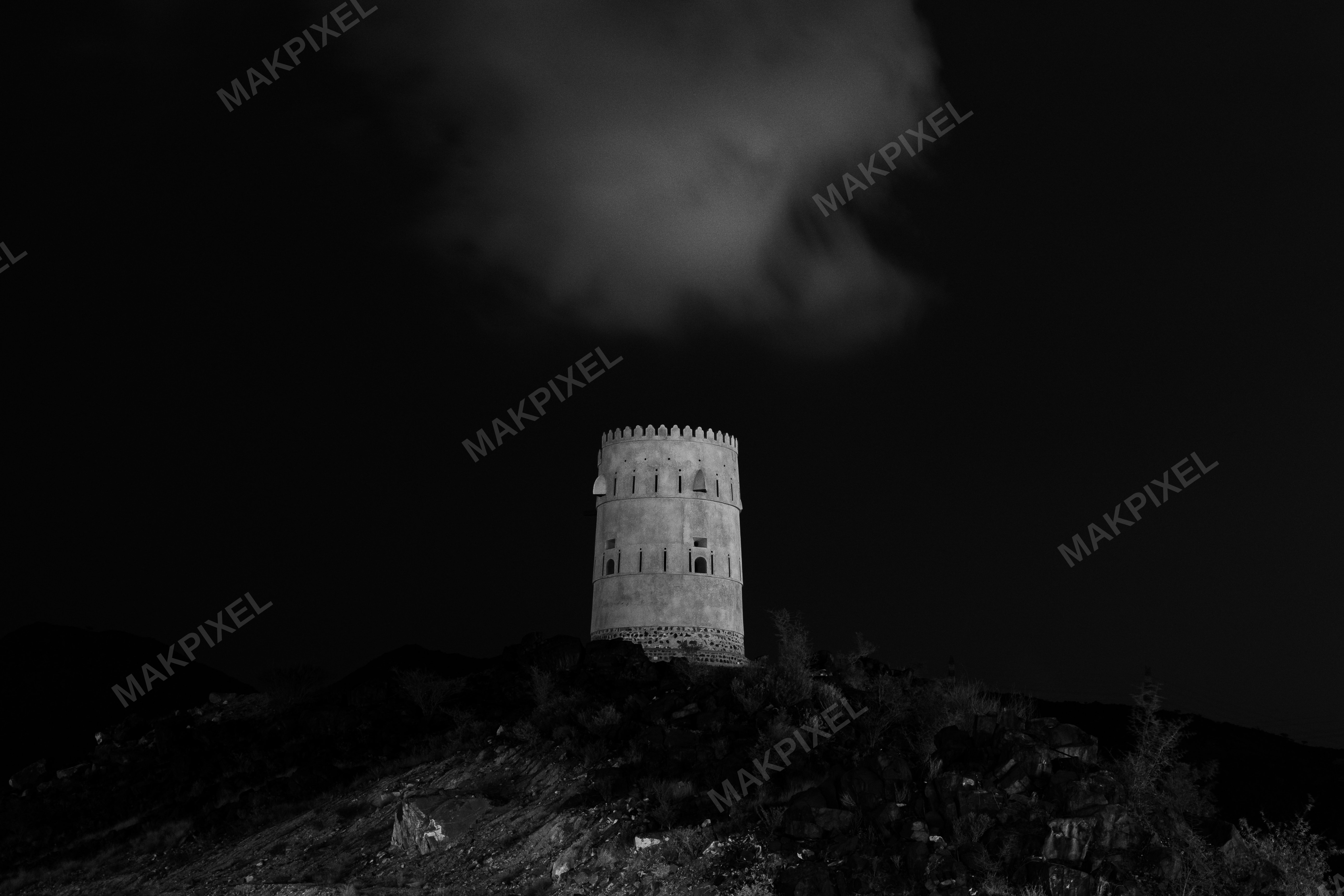 Ancient Watchtower Night, Masafi Historic Landmark, Dramatic - Full size view