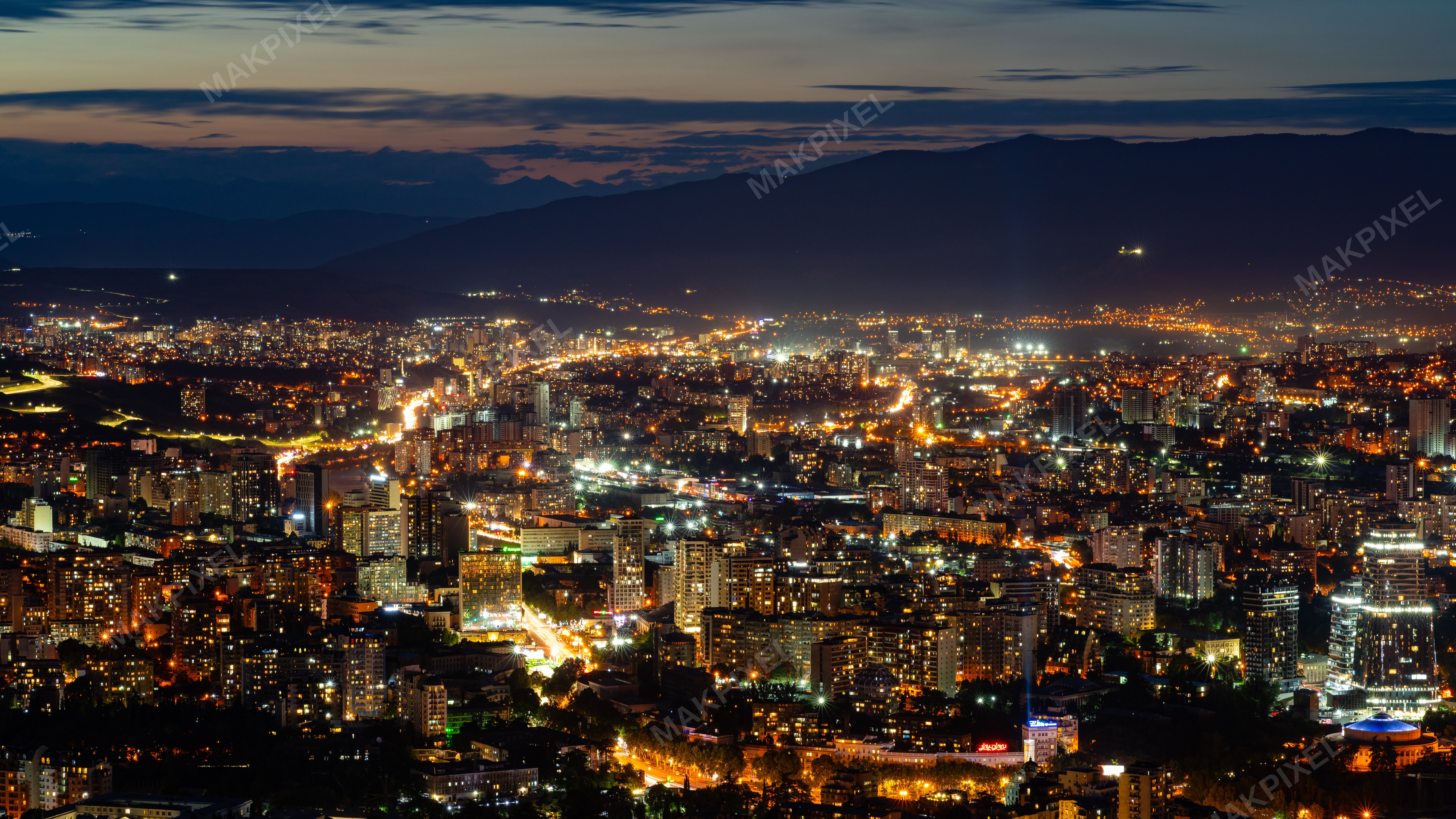 Tbilisi Cityscape Dusk, Georgia Urban Skyline, Night Lights - Full size view