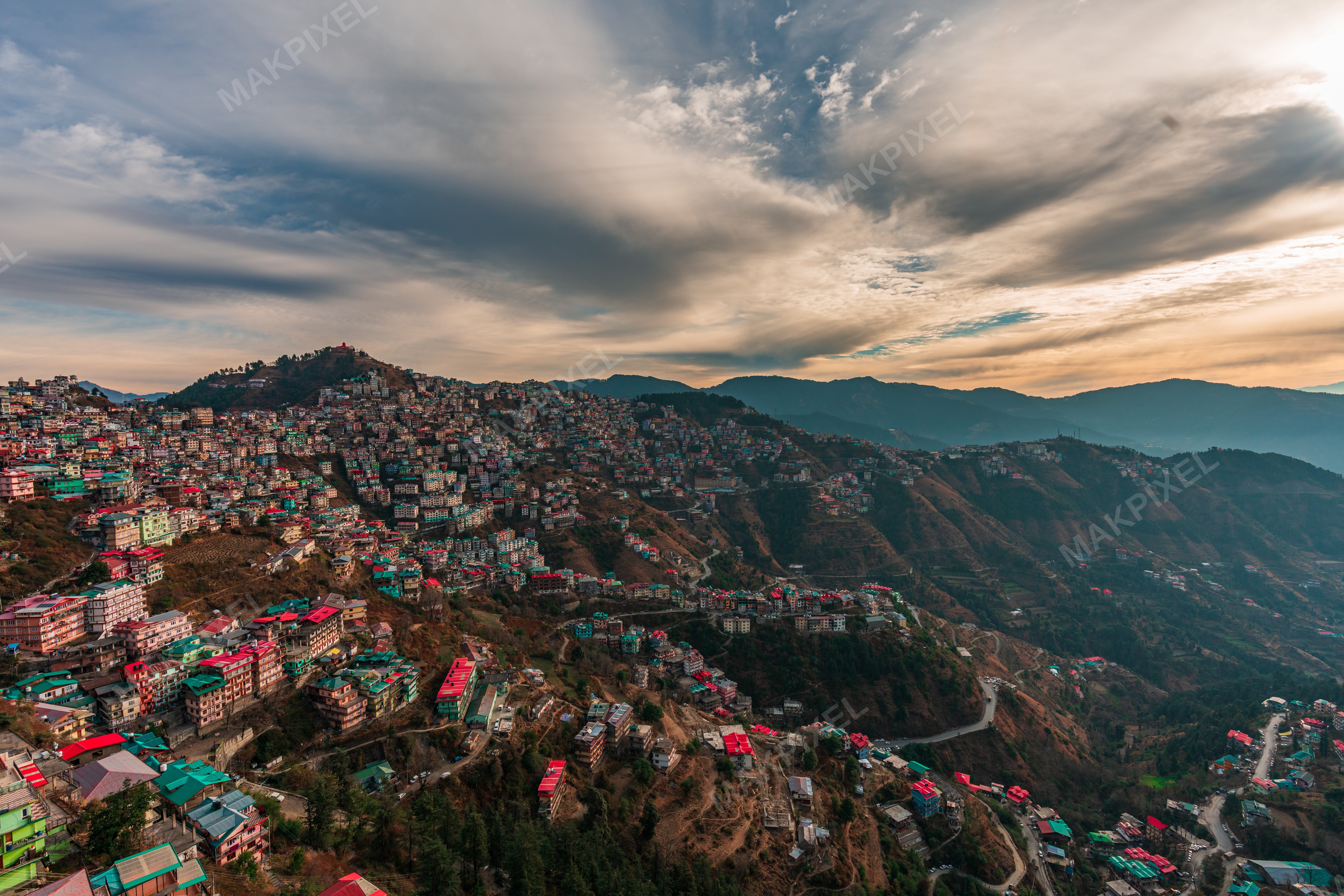 Shimla Hillside Cityscape, Himachal Pradesh Colorful - Full size view