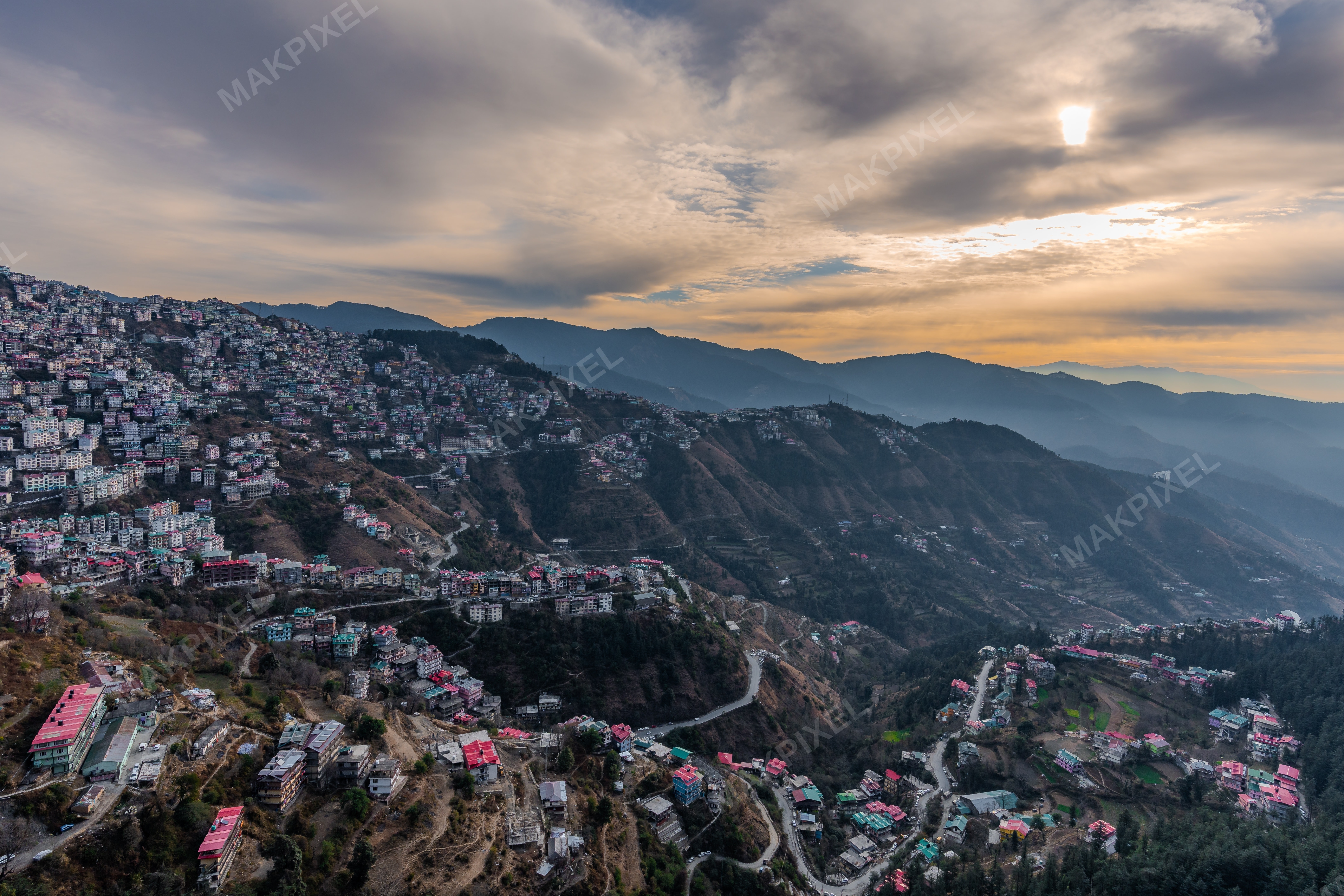 Shimla Valley Sunrise, Himachal Pradesh Panoramic View - Full size view