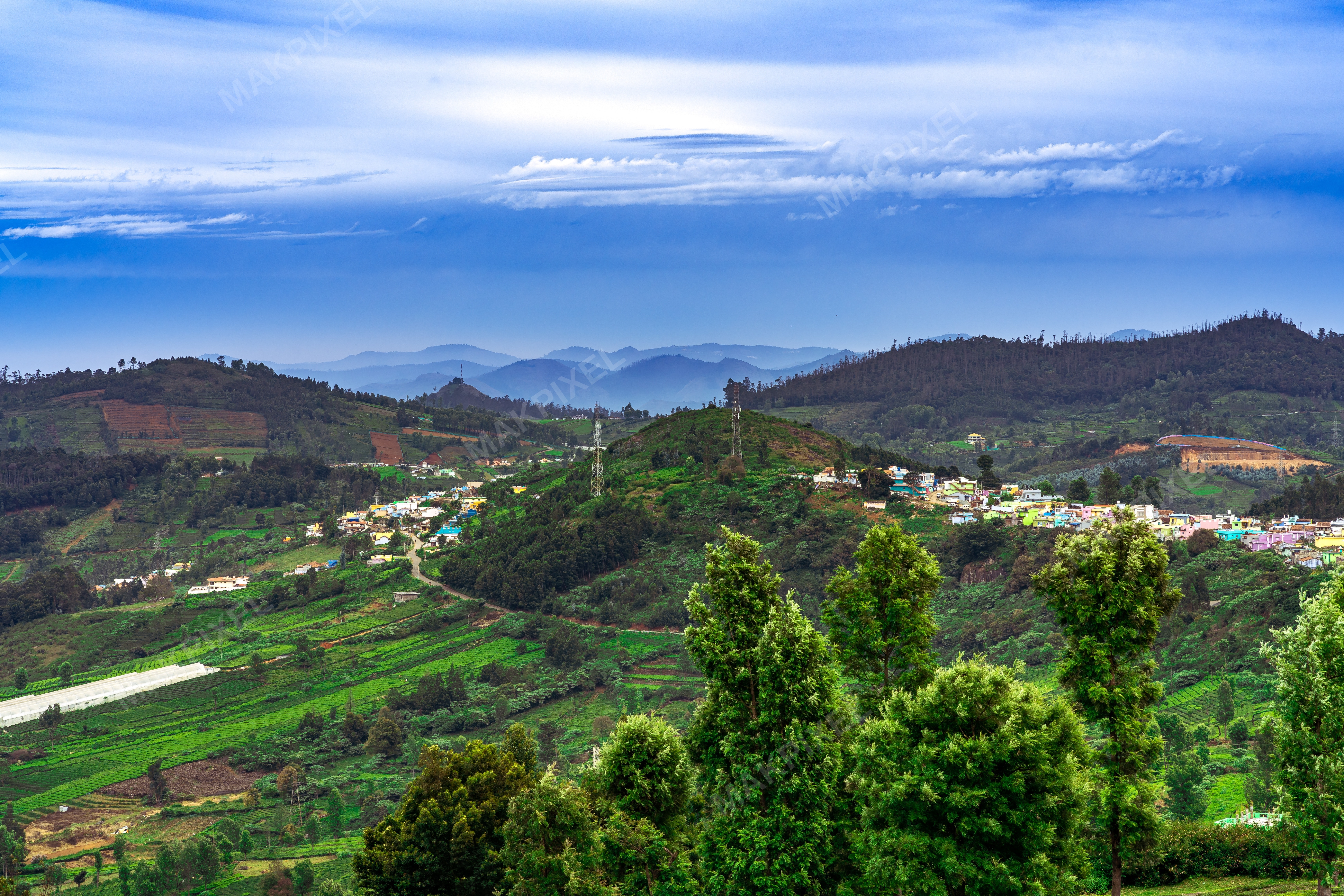Mountain Village Plantation Landscape, Nilgiris Serene Scenic South - Full size view