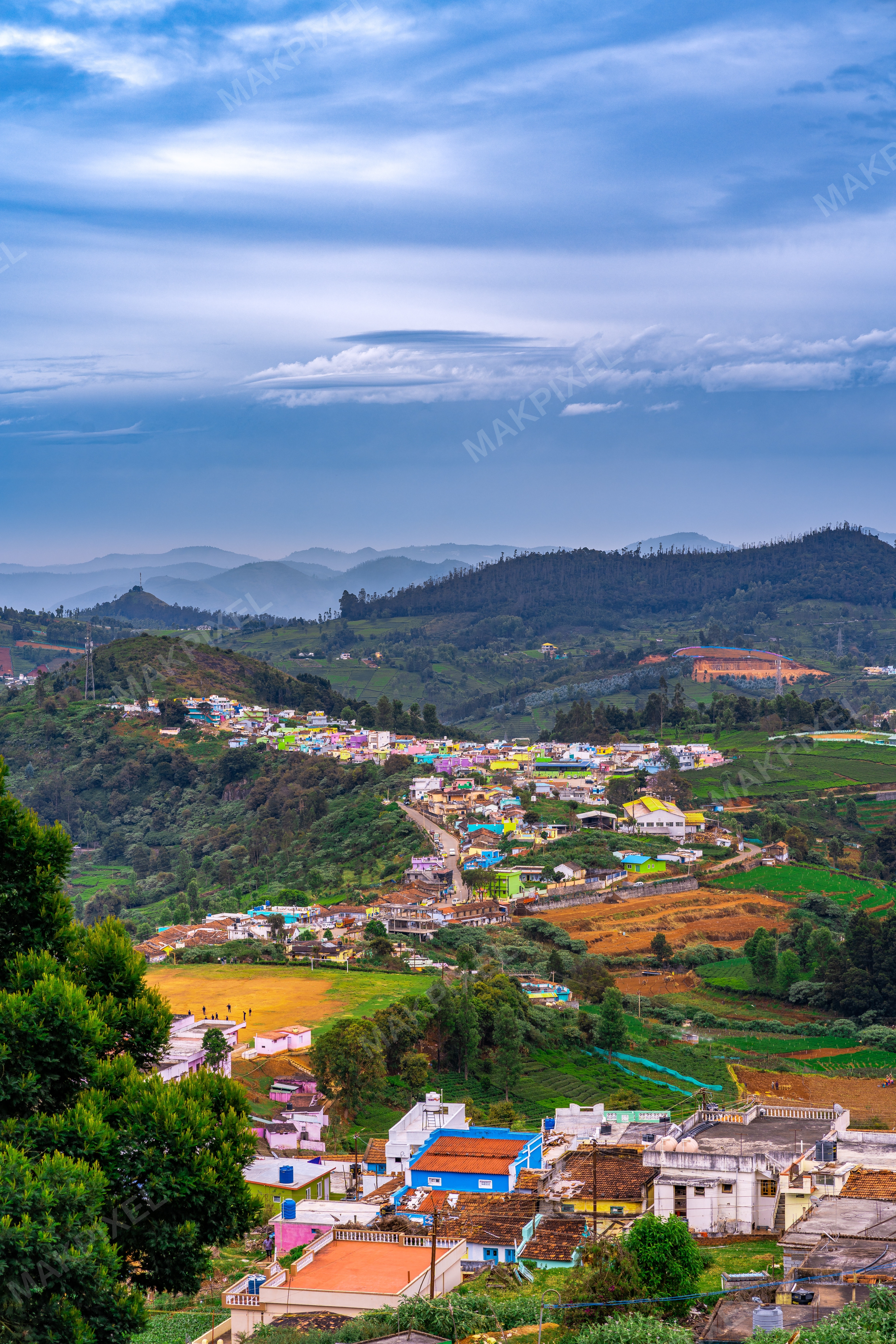 Hill Station Village Colorful Roofs, Nilgiris Blue Mountain - Full size view