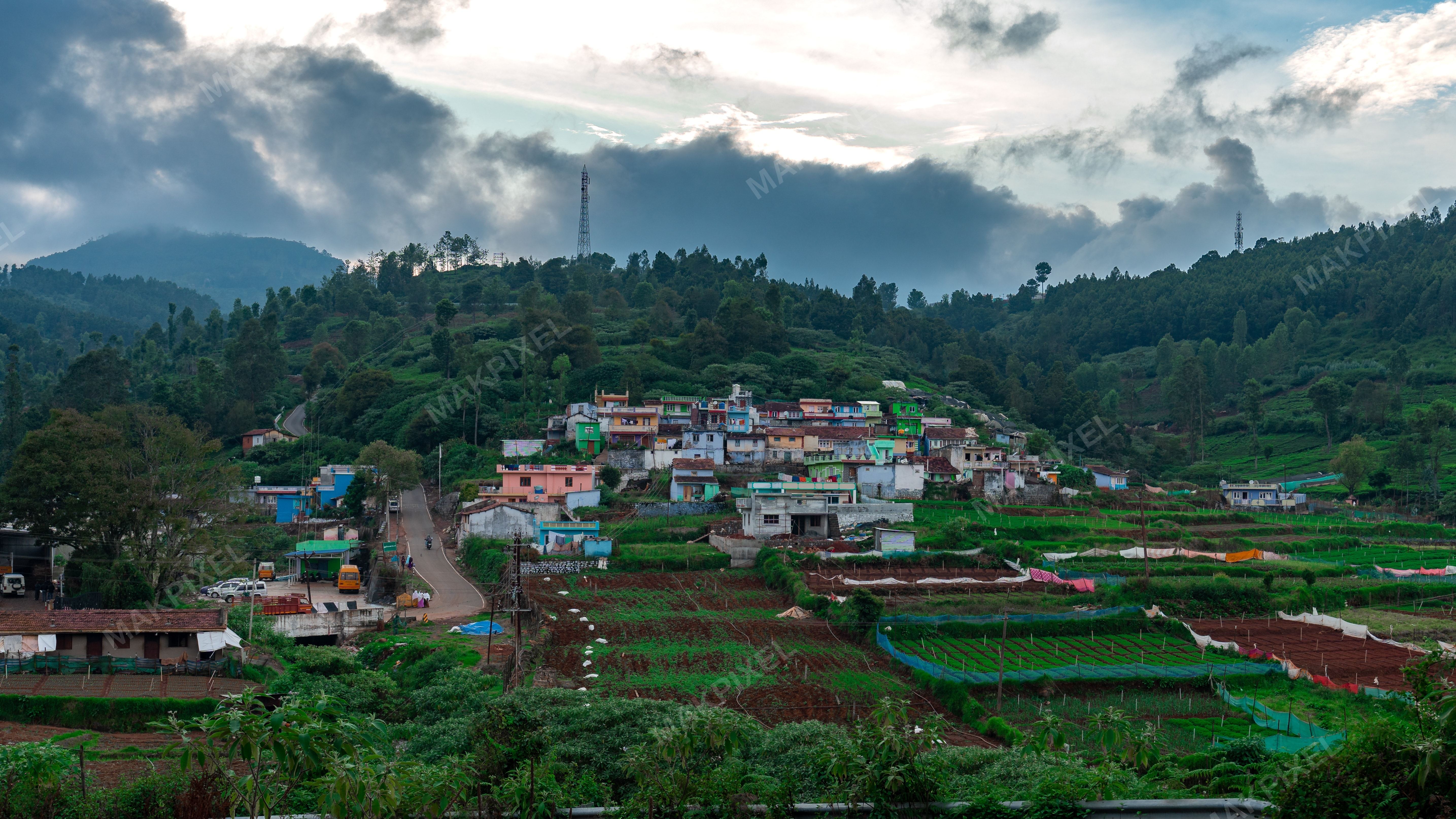 Colorful Village in Ooty Hills – Monsoon Clouds, Lush Farming Plots - Full size view