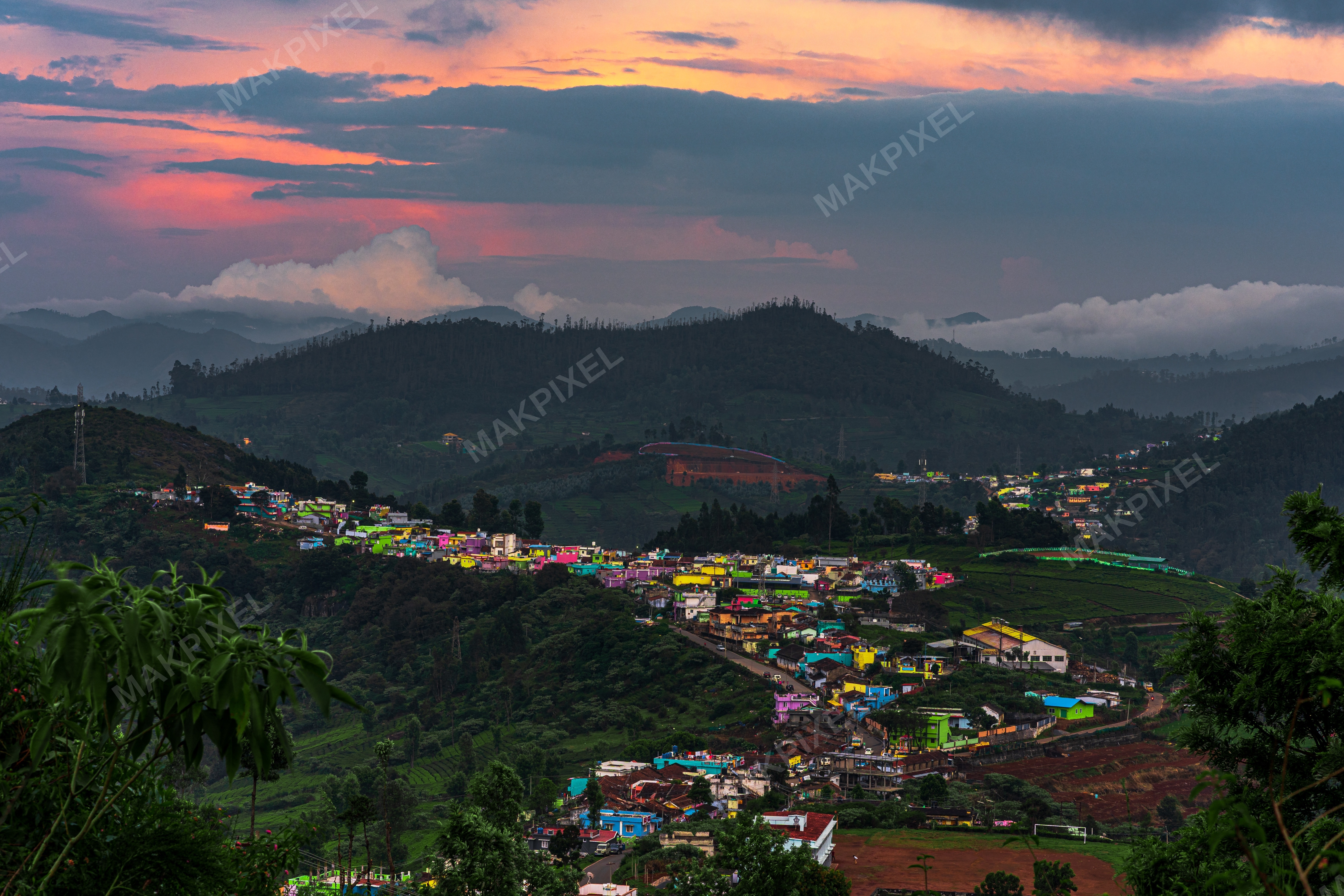 Colorful Village in Nilgiris Hills at Sunset – Vibrant Houses, Monsoon - Full size view