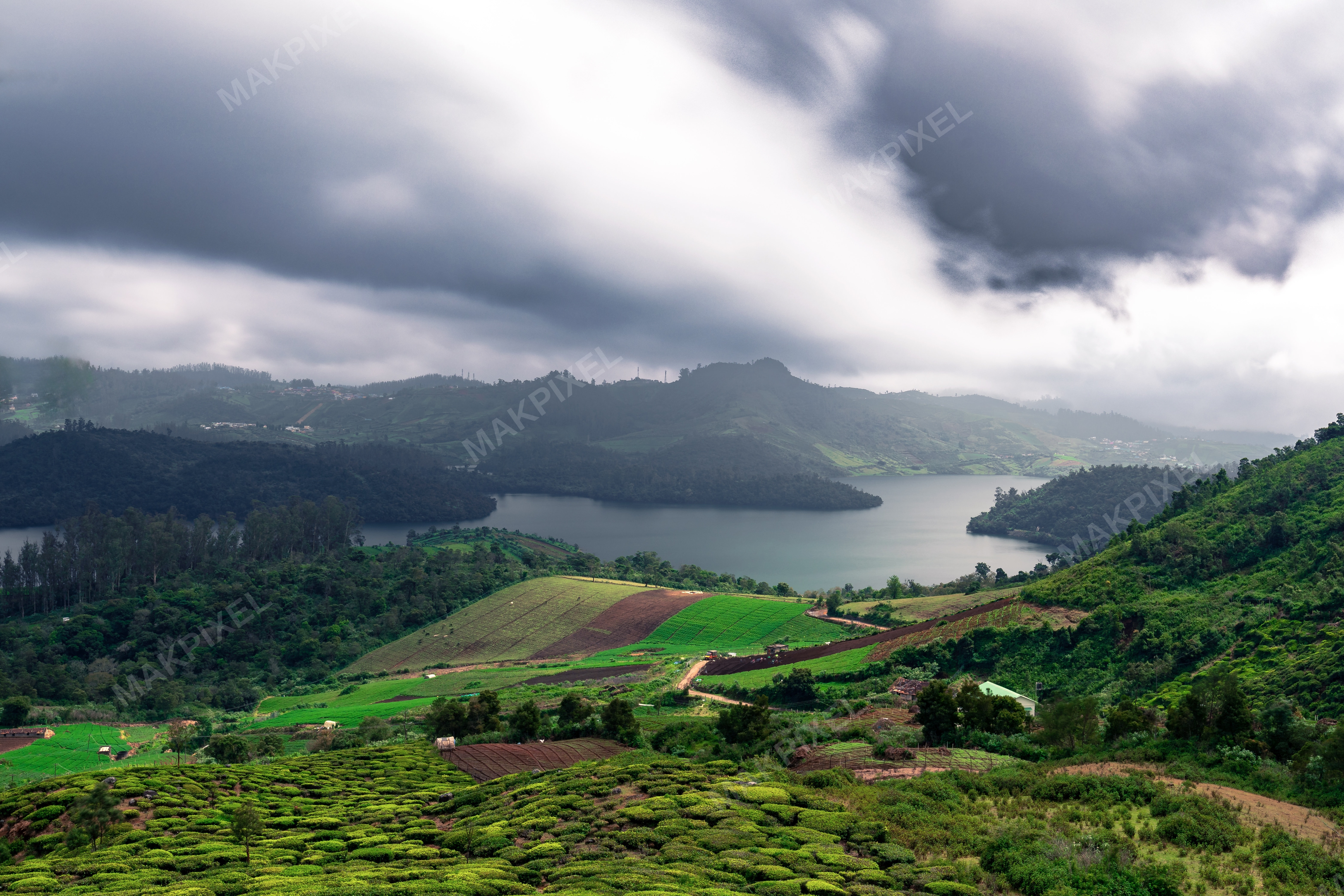 Emerald Lake and Tea Gardens, Ooty – Dramatic Monsoon Sky, Green Hills - Full size view
