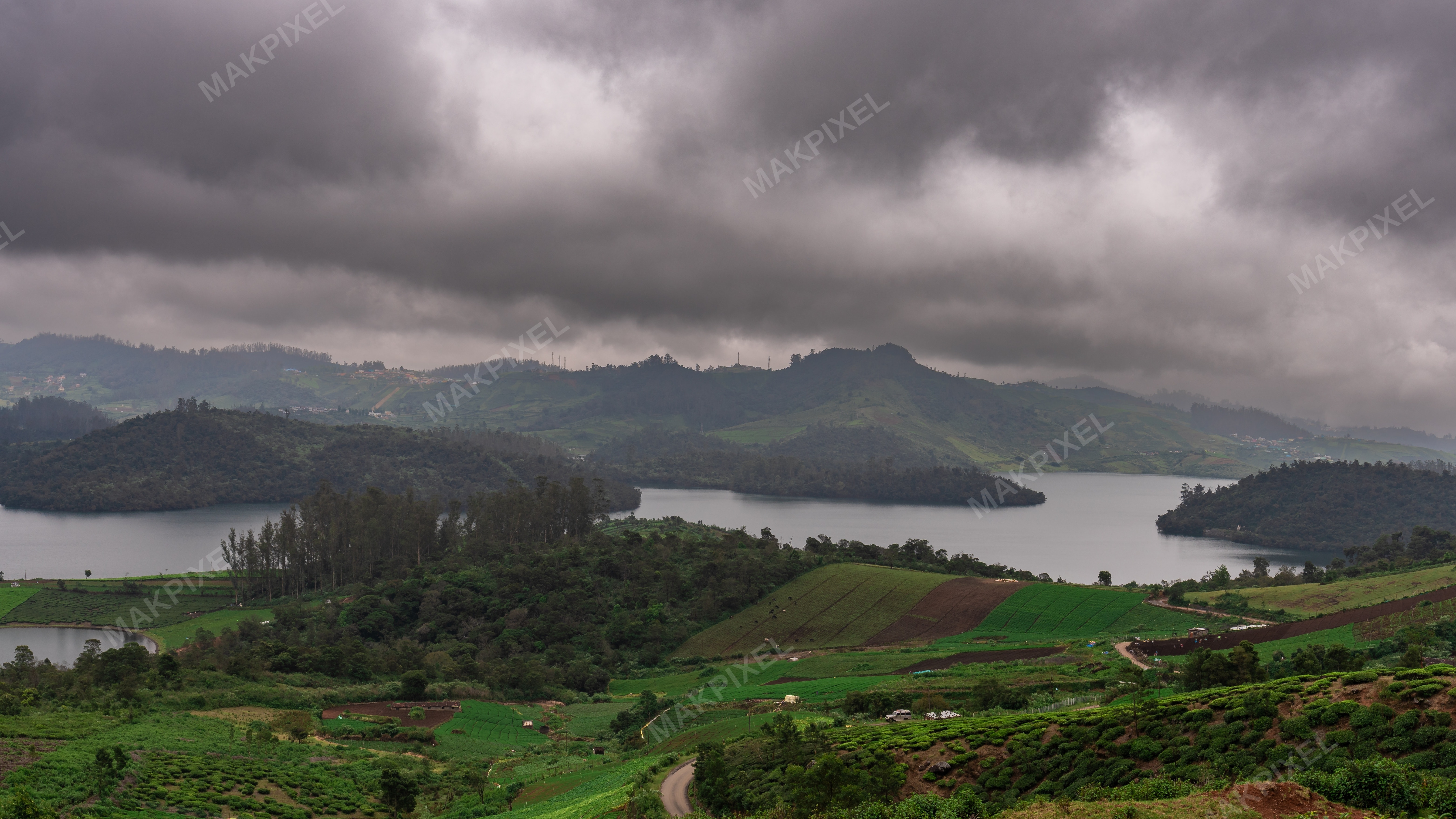 Scenic Landscape Under Overcast Sky. Foreground, There Lush - Full size view
