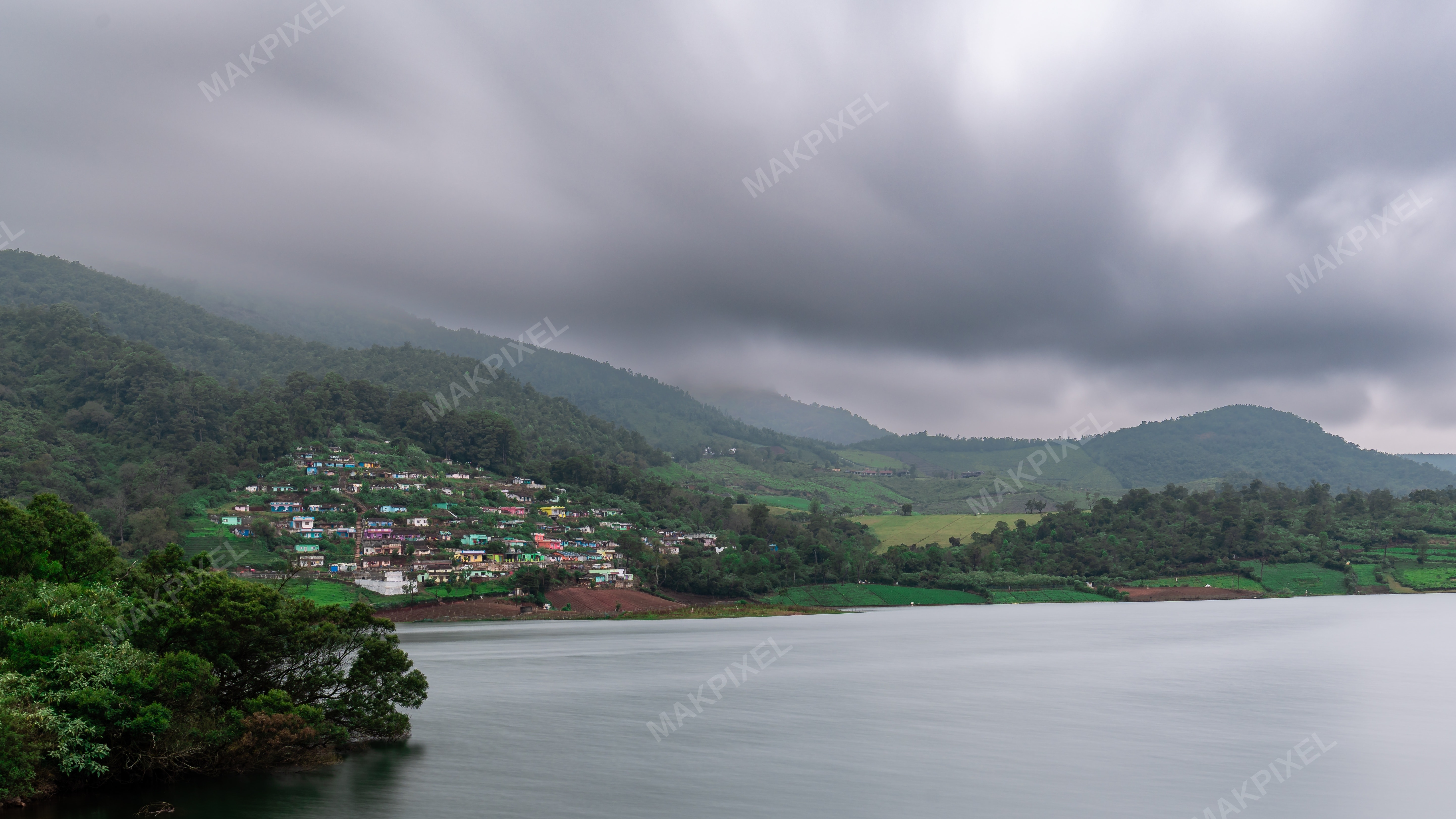 Village by the Lake Under Monsoon Clouds, Ooty - Full size view