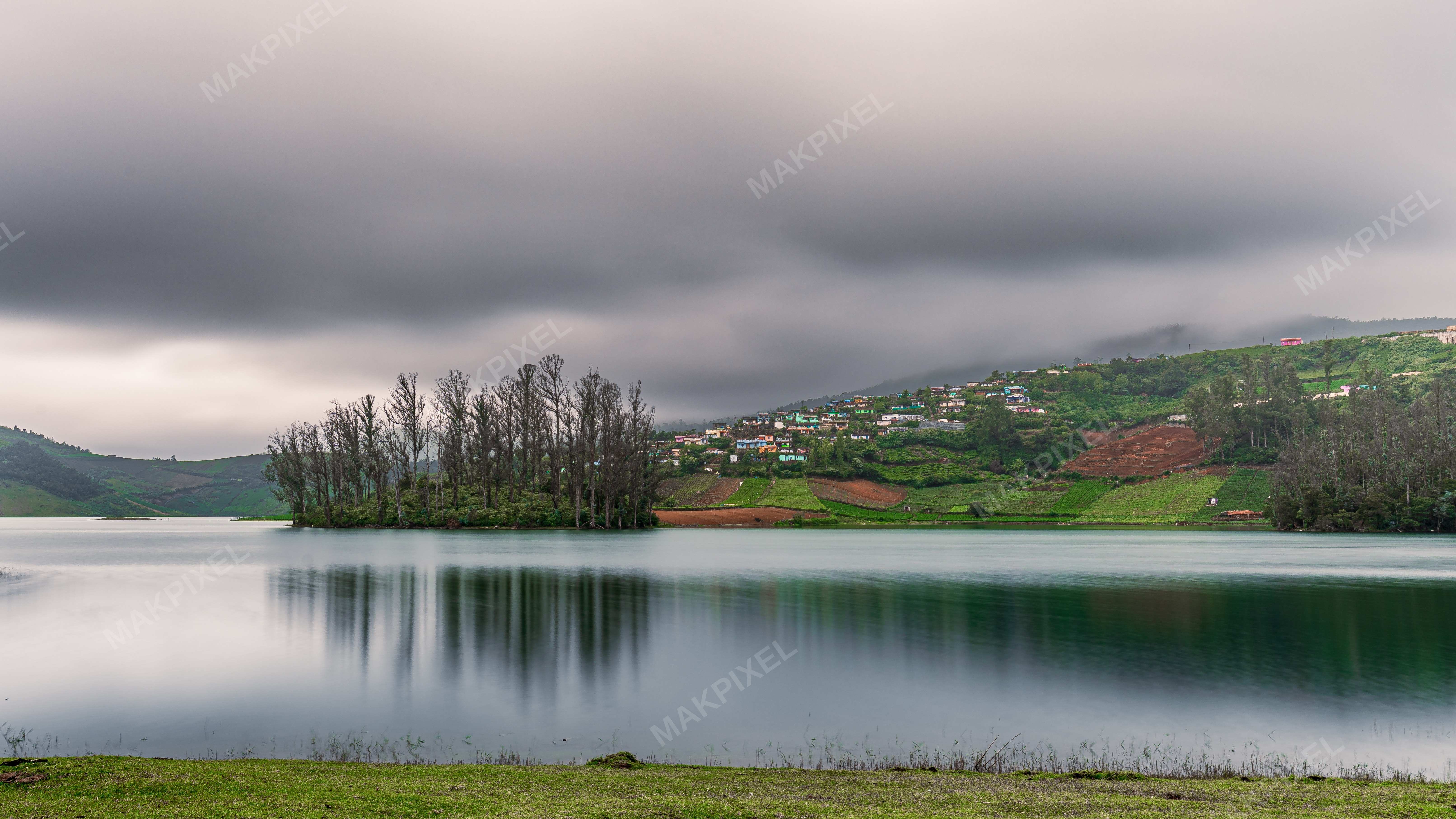 Lonely Island and Mountain Village, Ooty Misty Monsoon Lake - Full size view