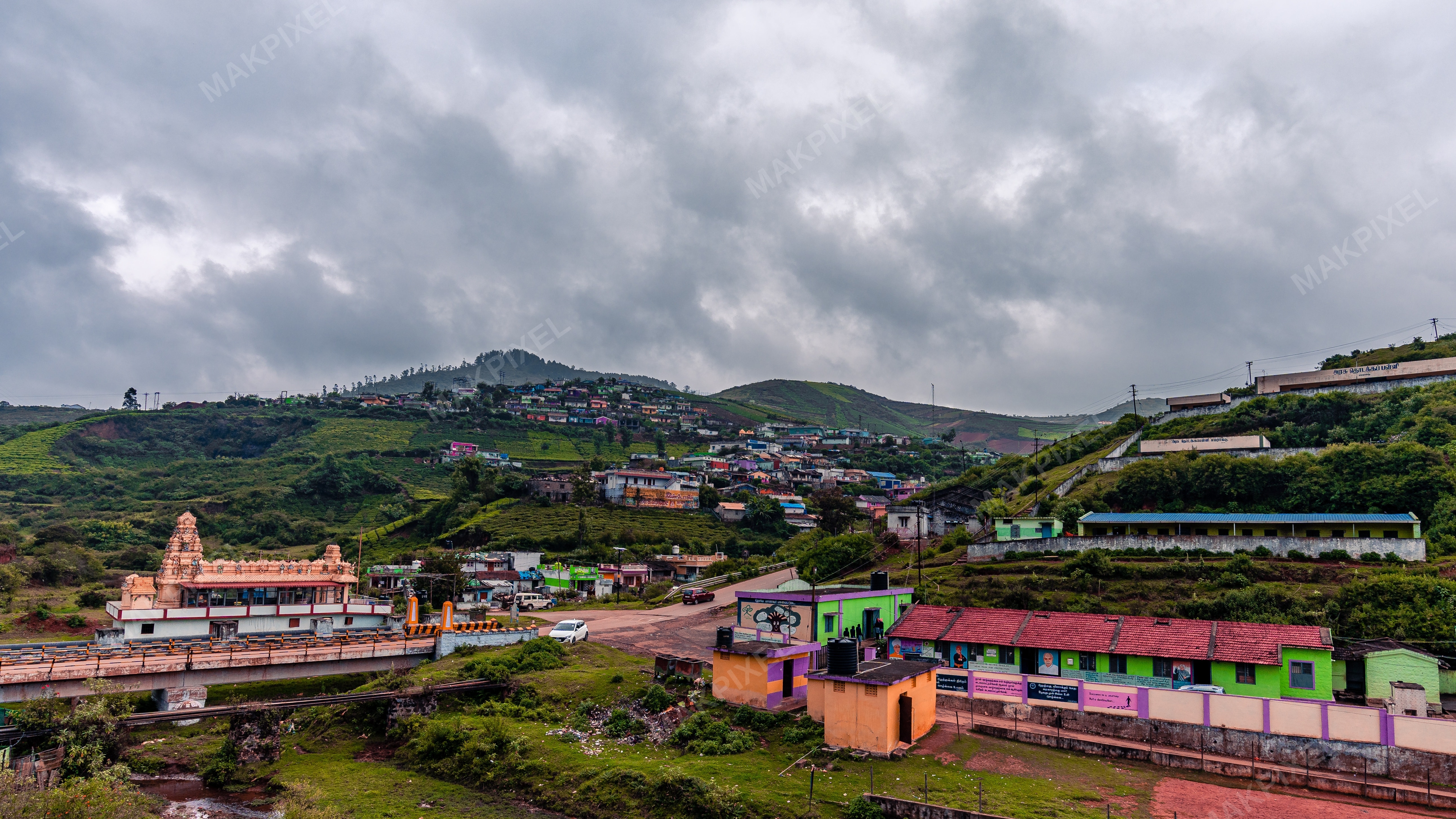 Hindu Temple Colorful Hill Village, Nilgiris Monsoon Clouds - Full size view