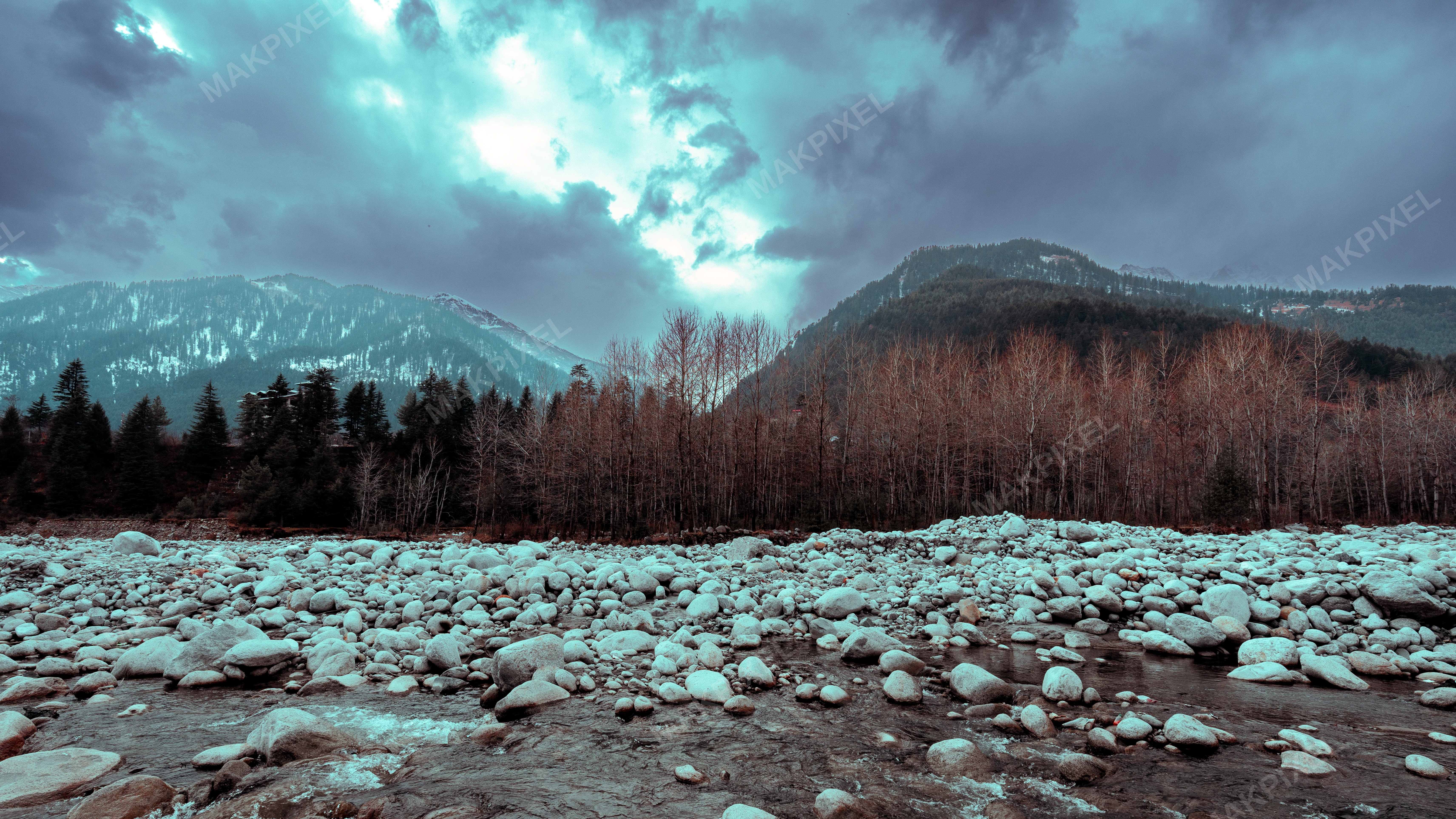 Snowy Rocky River Valley Himalayas Winter Mountain Serene - Full size view