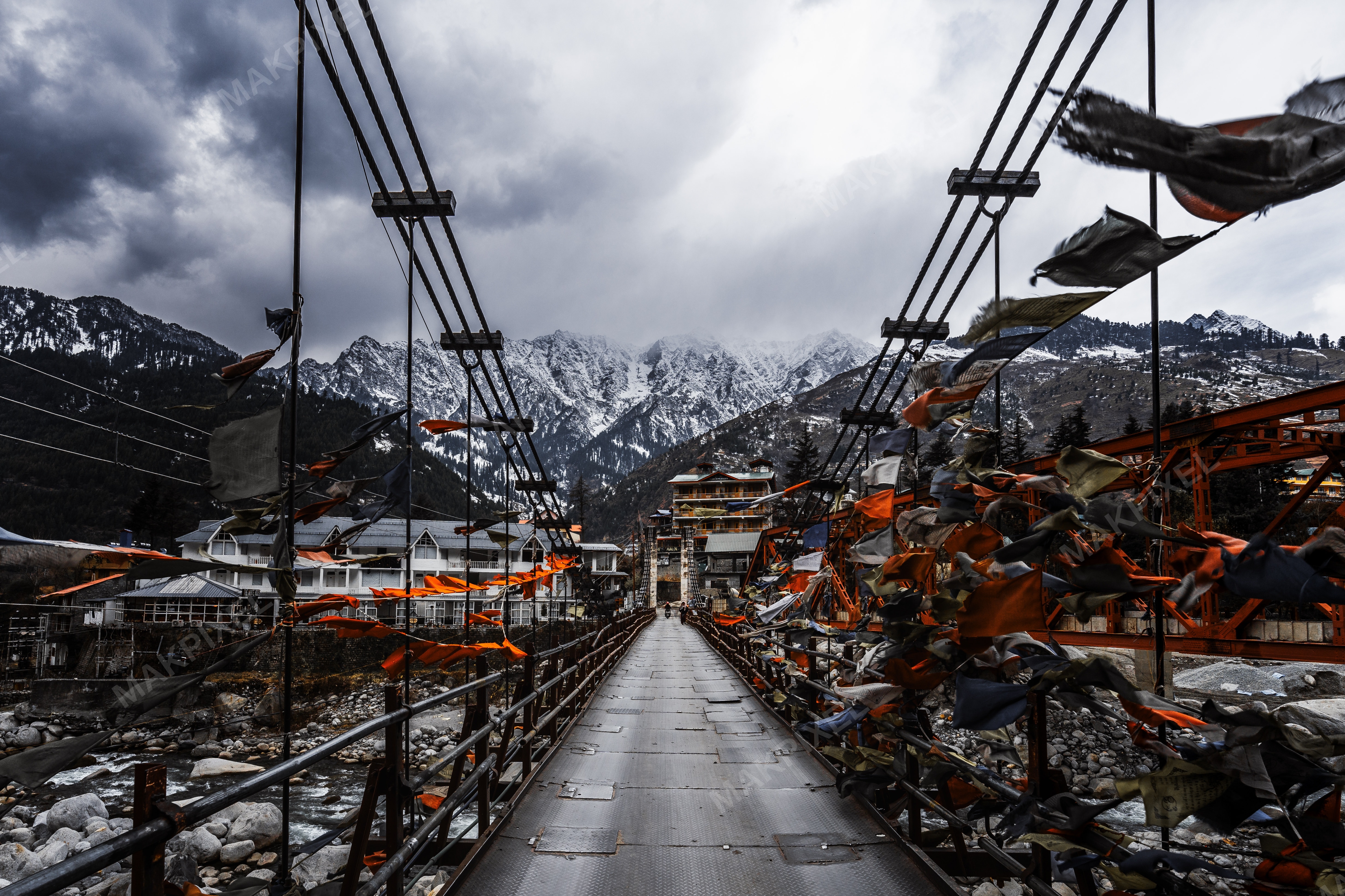 Prayer Flags Suspension Bridge Snow Mountains - Full size view