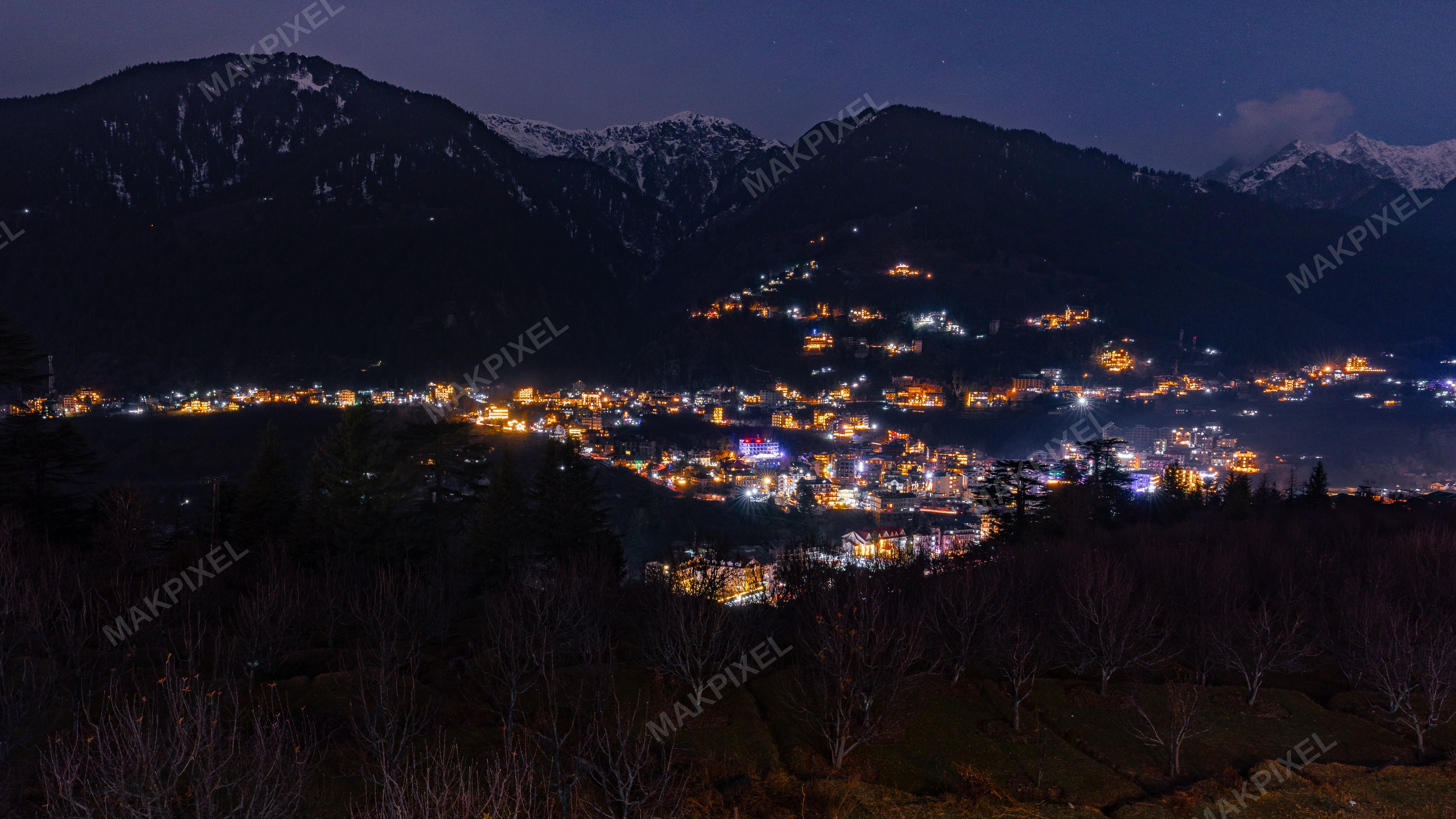 Night Cityscape Himalayan Hill Station | Illuminated Mountain Village - Full size view