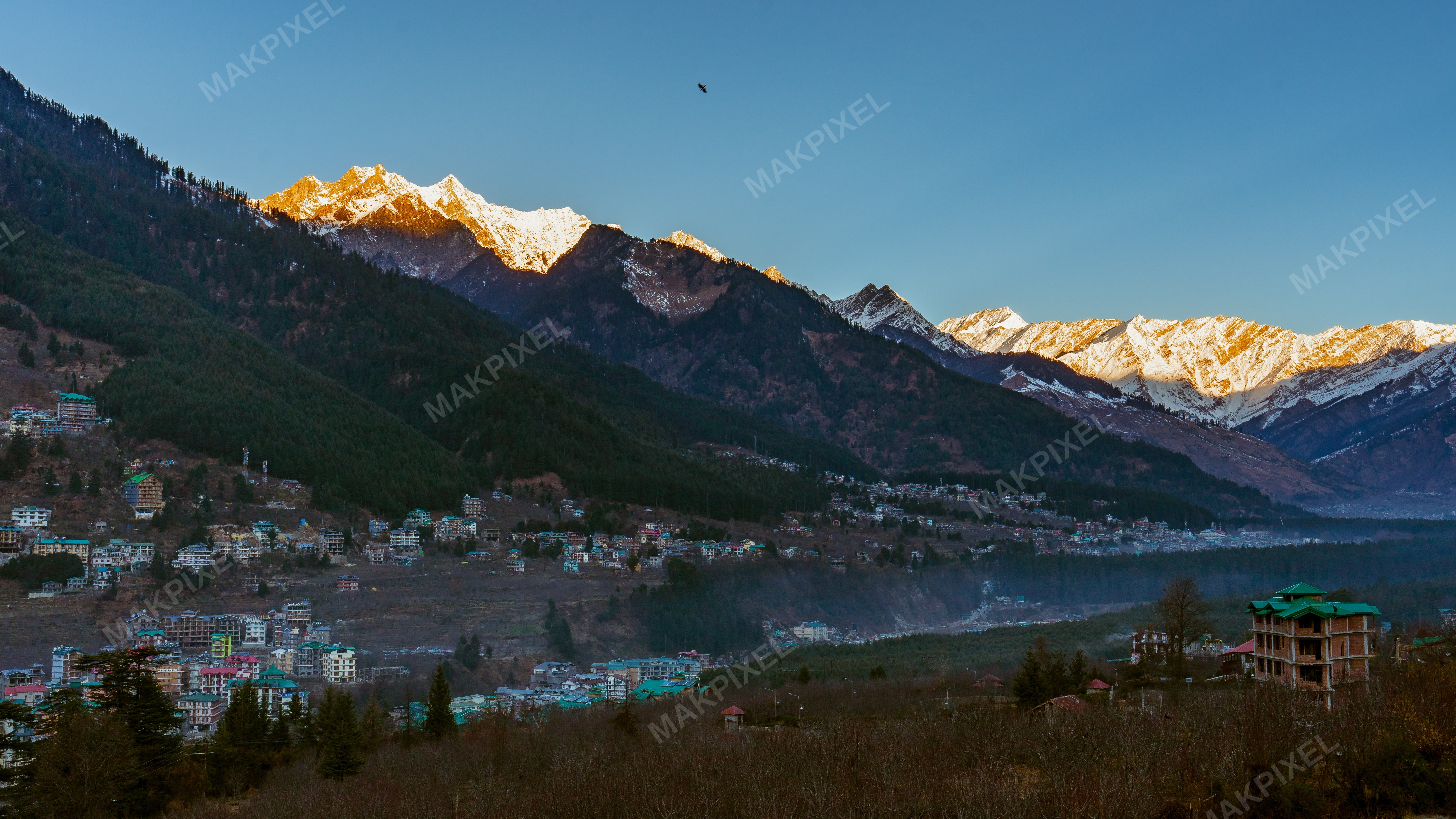 Golden Sunrise Snow Peaks Himalayan Town - Full size view