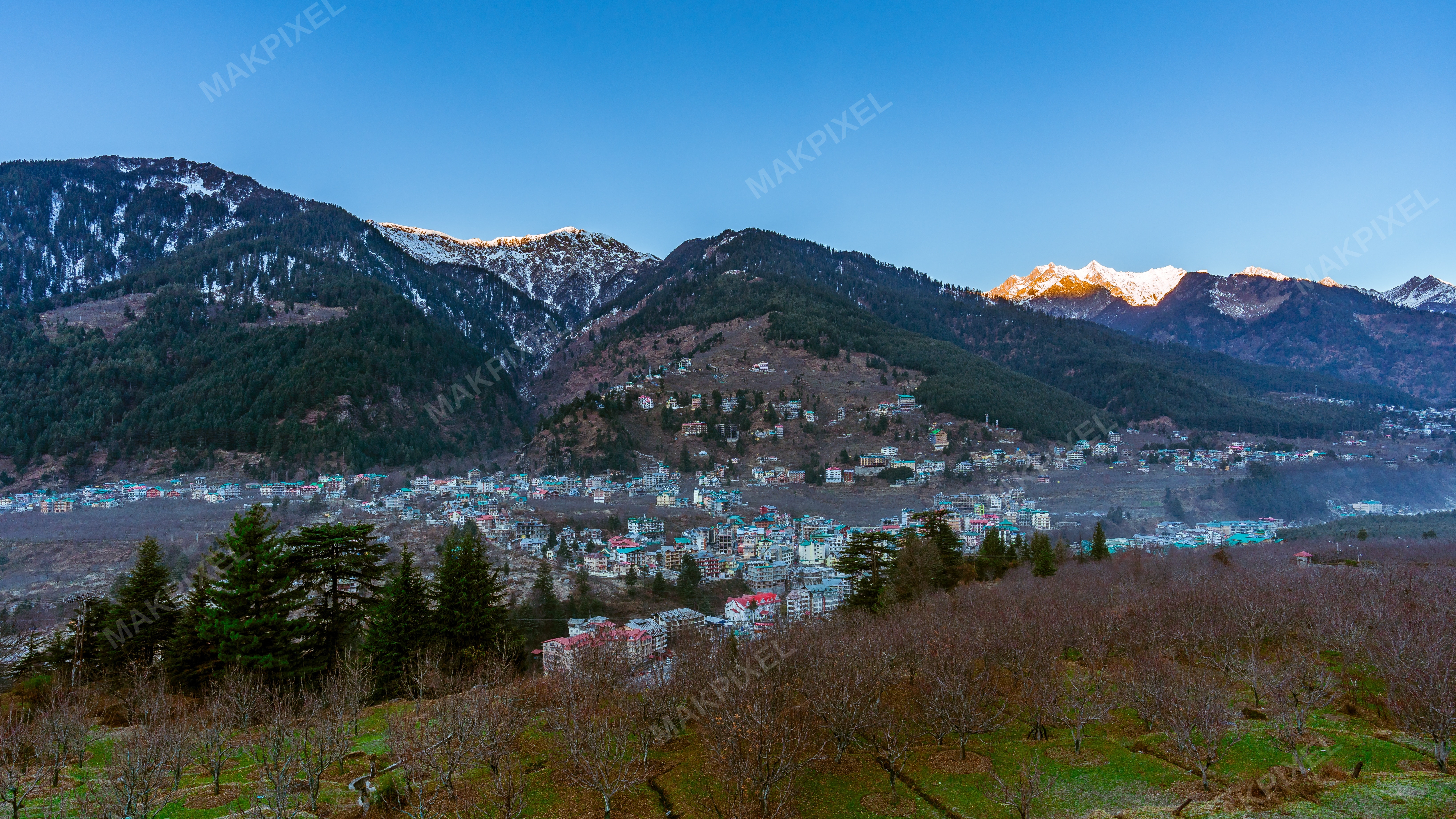Morning Sunlight Snow Peaks Himalayan Mountain Town - Full size view