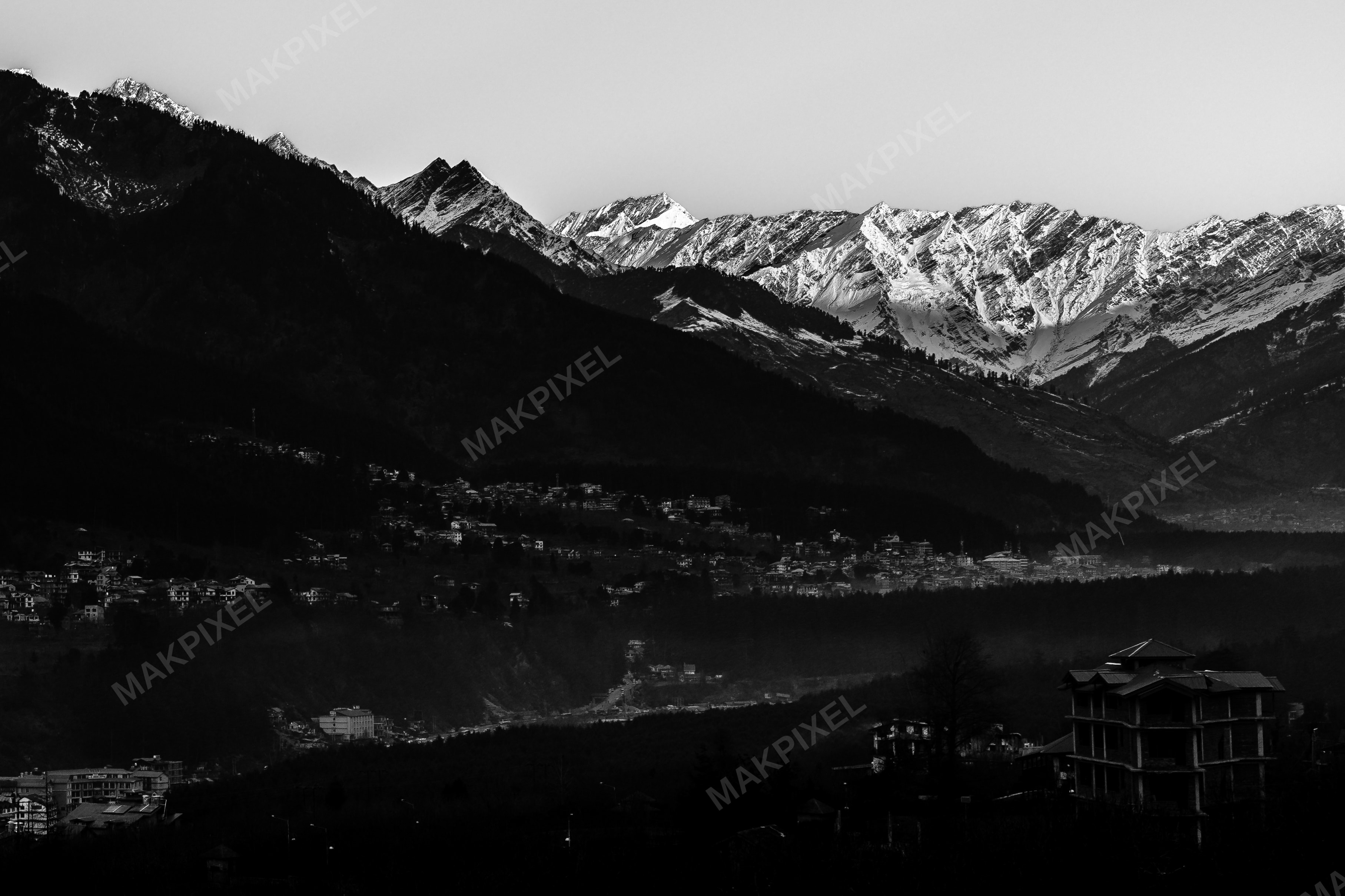 Black and White Snowy Himalayan Peaks Panoramic Mountain Town - Full size view