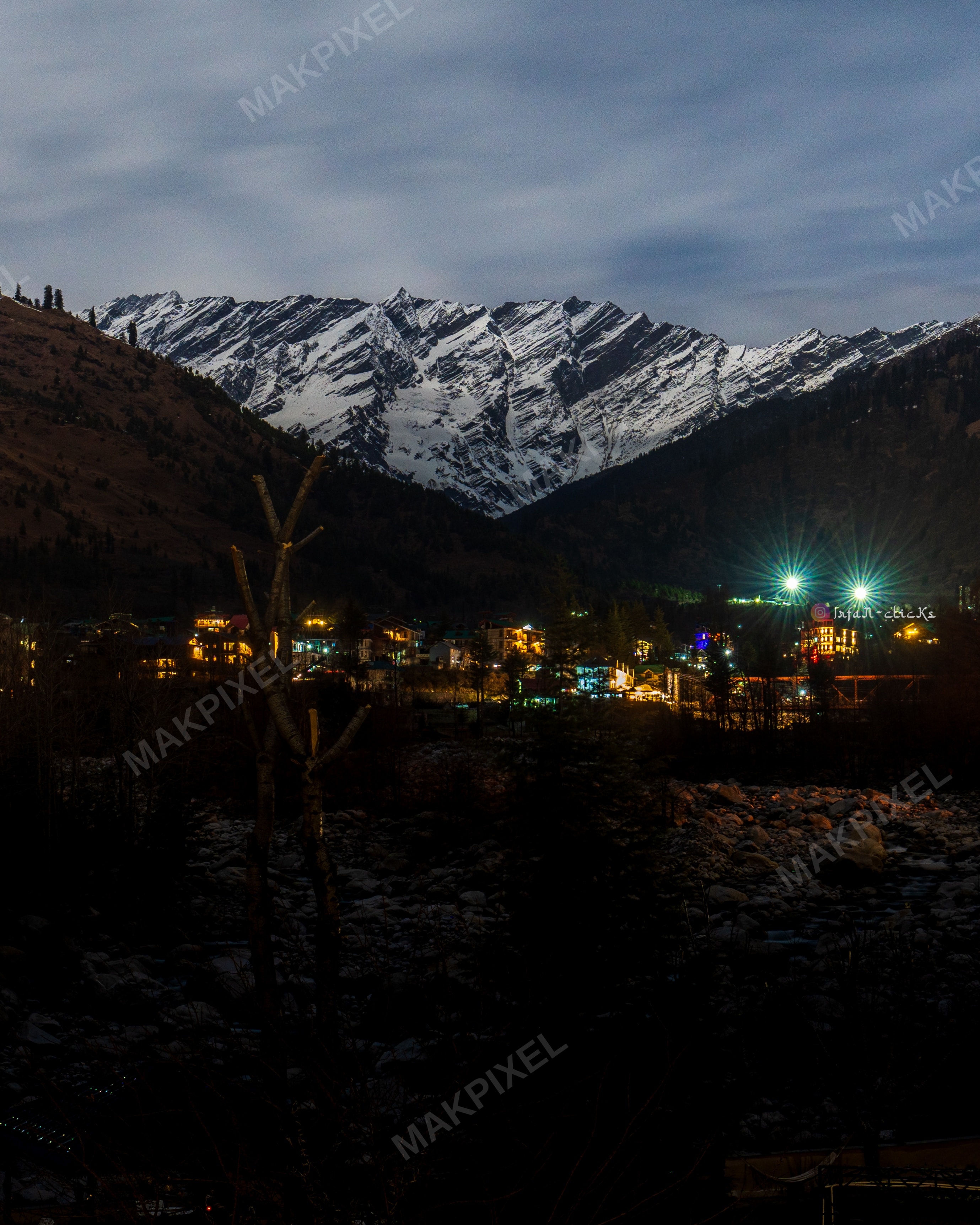 Night Himalayan Village Lights Snow Peaks Mountain Landscape - Full size view