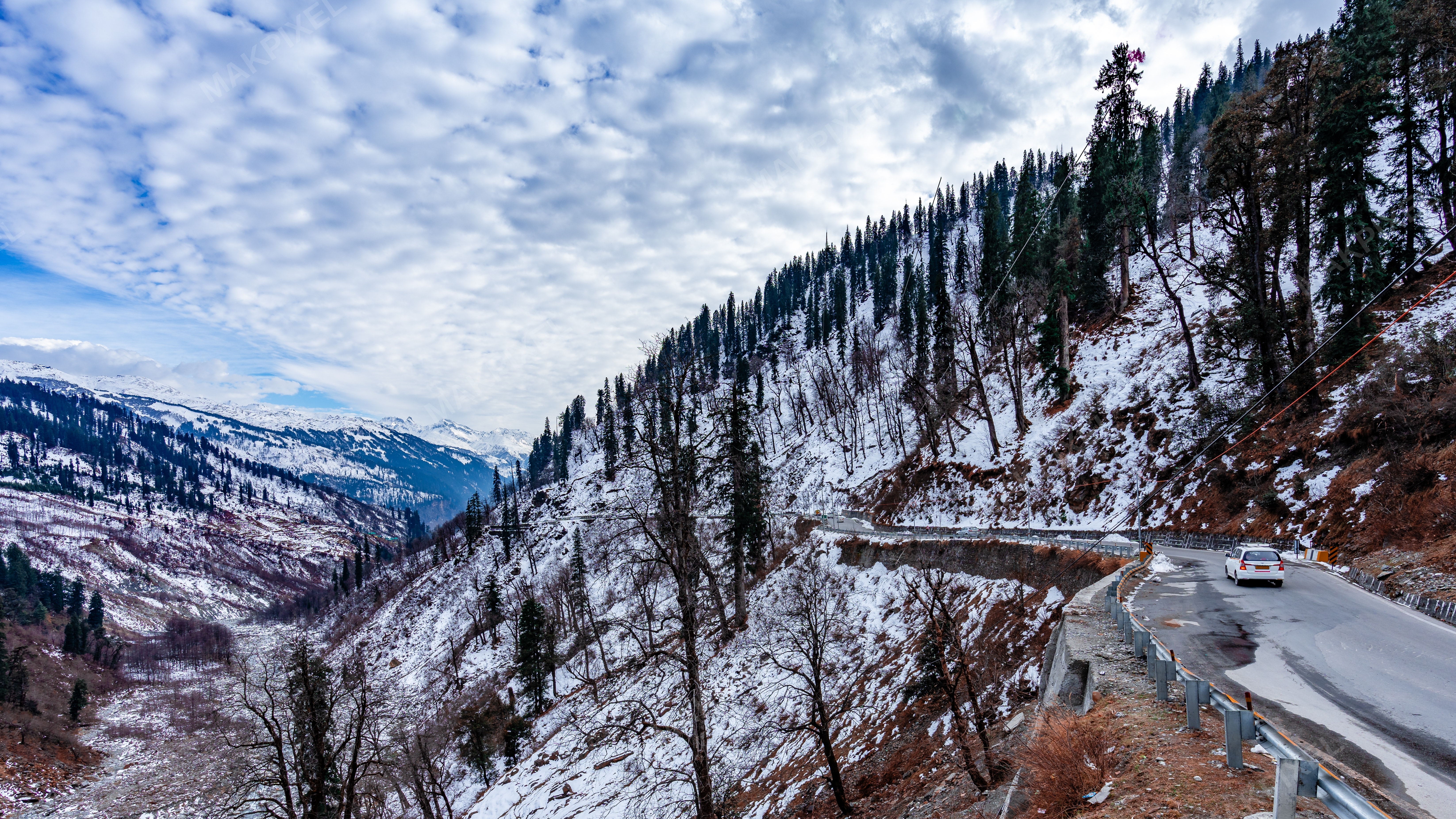 Winding Snowy Mountain Road Himalayan Valley Winter Travel - Full size view