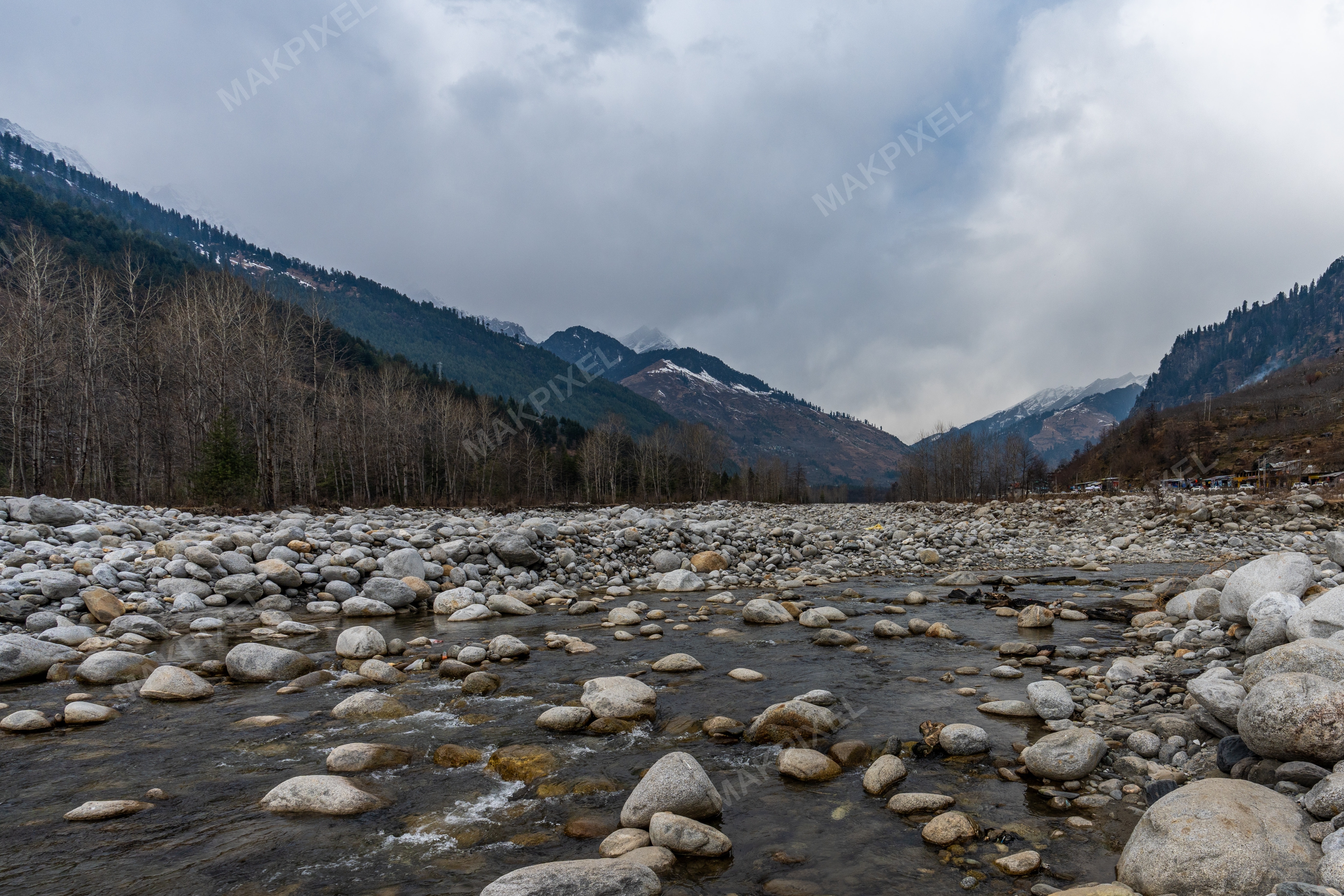 Rocky River Valley Forest Himalayan Mountains | Panoramic Landscape - Full size view