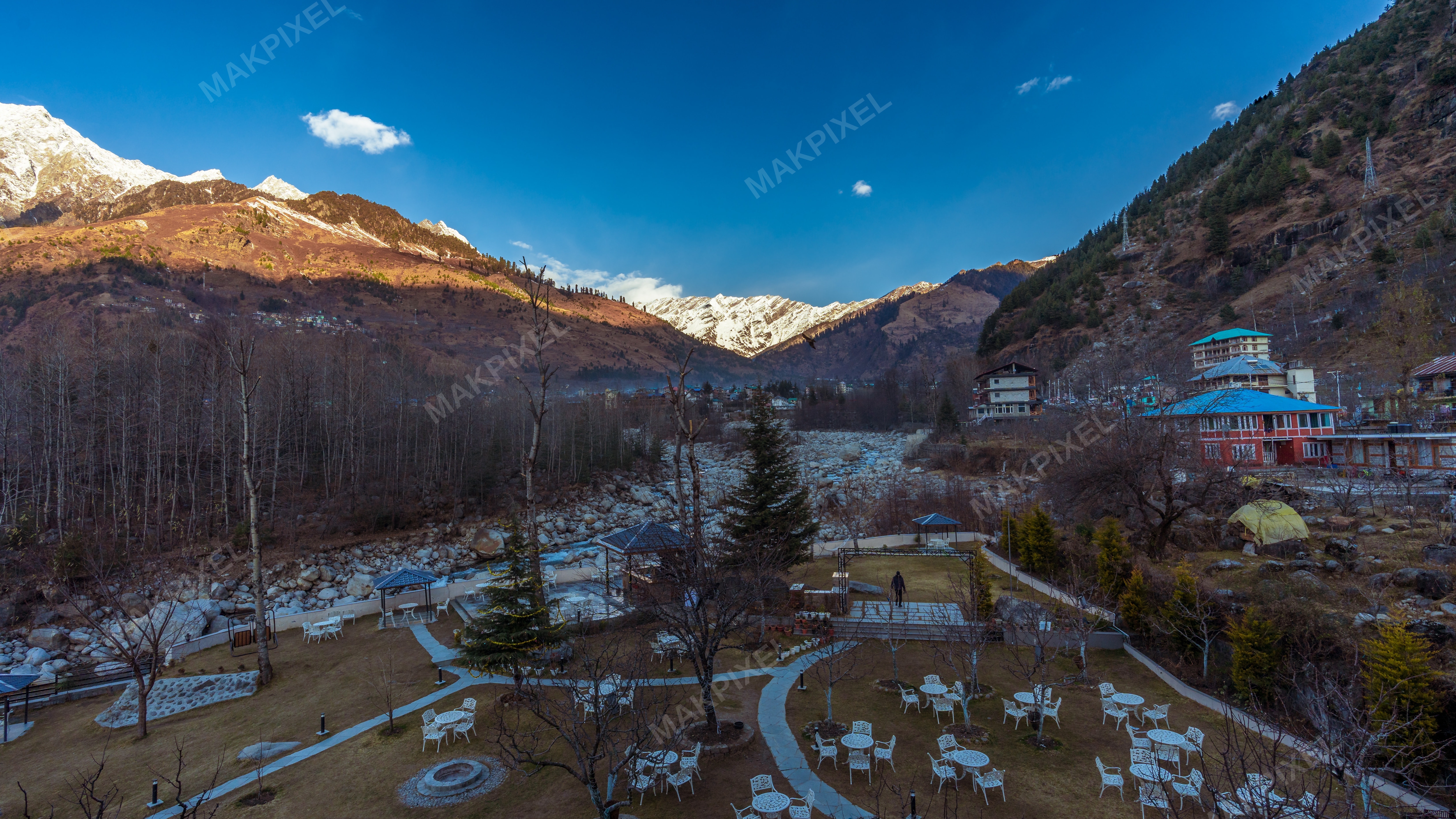 Riverside Resort Garden Snow Mountain View Scenic Landscape - Full size view