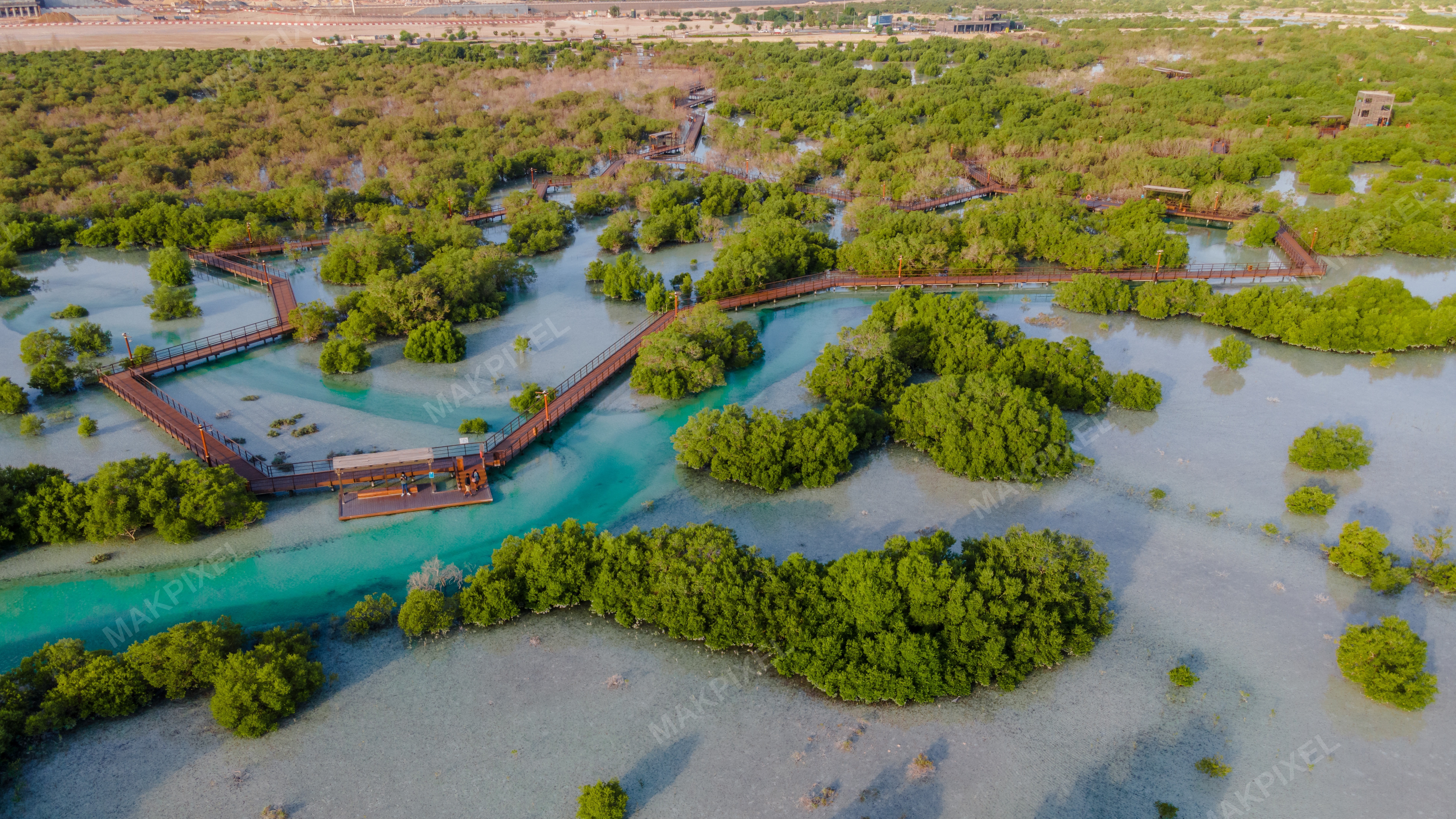 Jubail Mangrove Park Wide Aerial | Zigzag Boardwalk, Lagoon Channels - Full size view