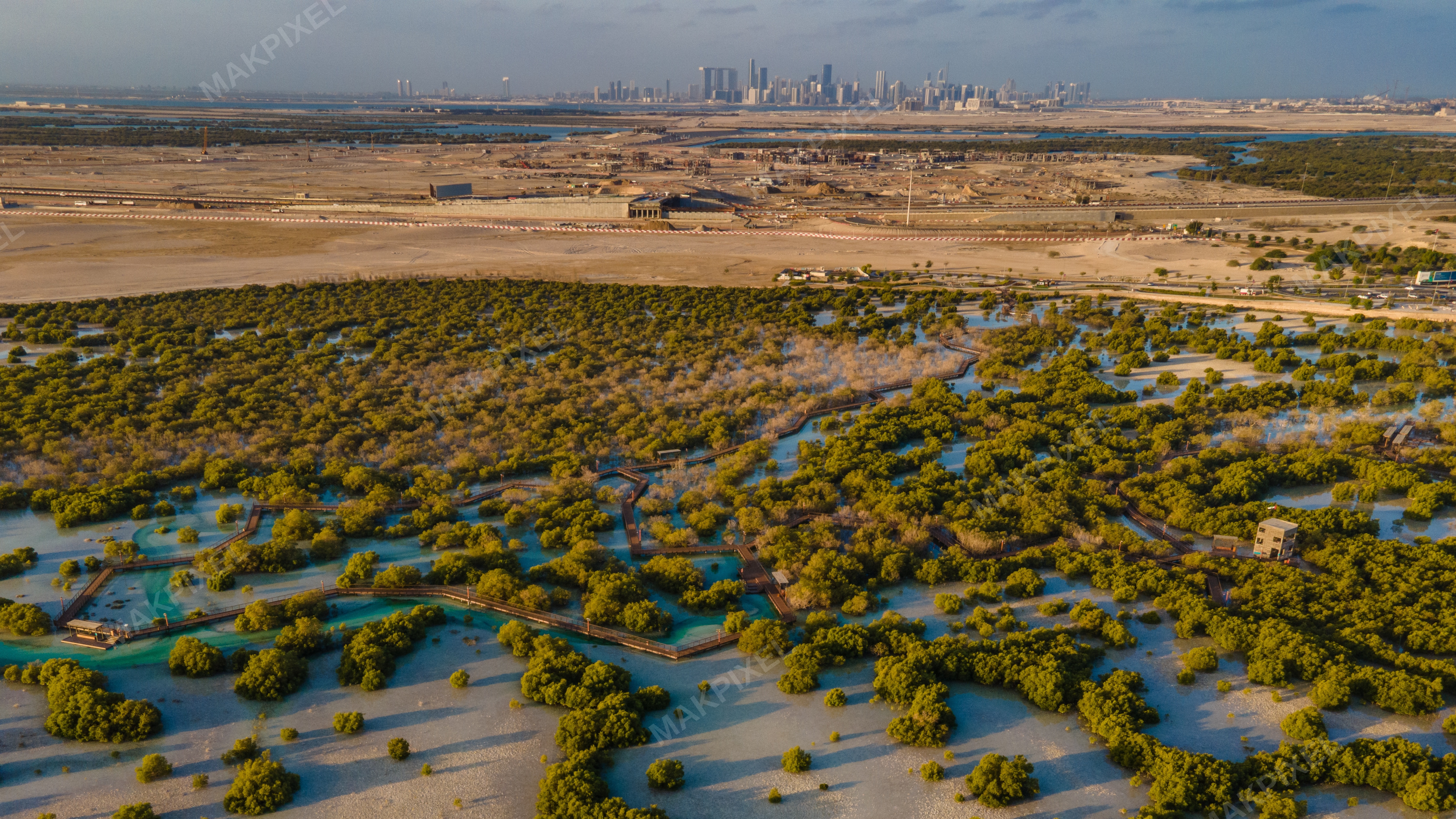 Jubail Mangrove Park abu dhabi Cityscape Aerial Wetlands, Boardwalks - Full size view