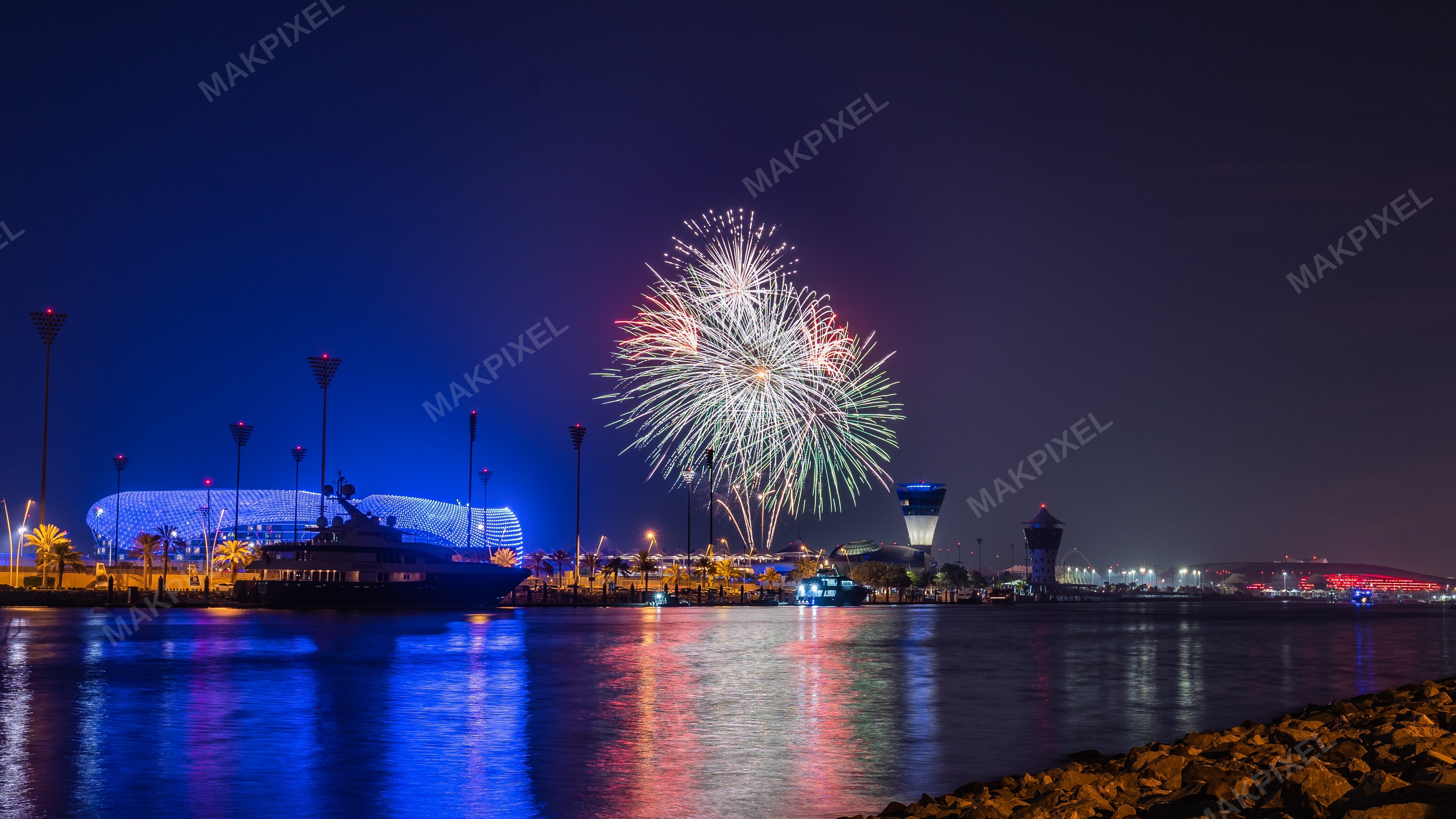 Yas Marina Abu Dhabi Fireworks Night | Illuminated Waterfront, Boats - Full size view