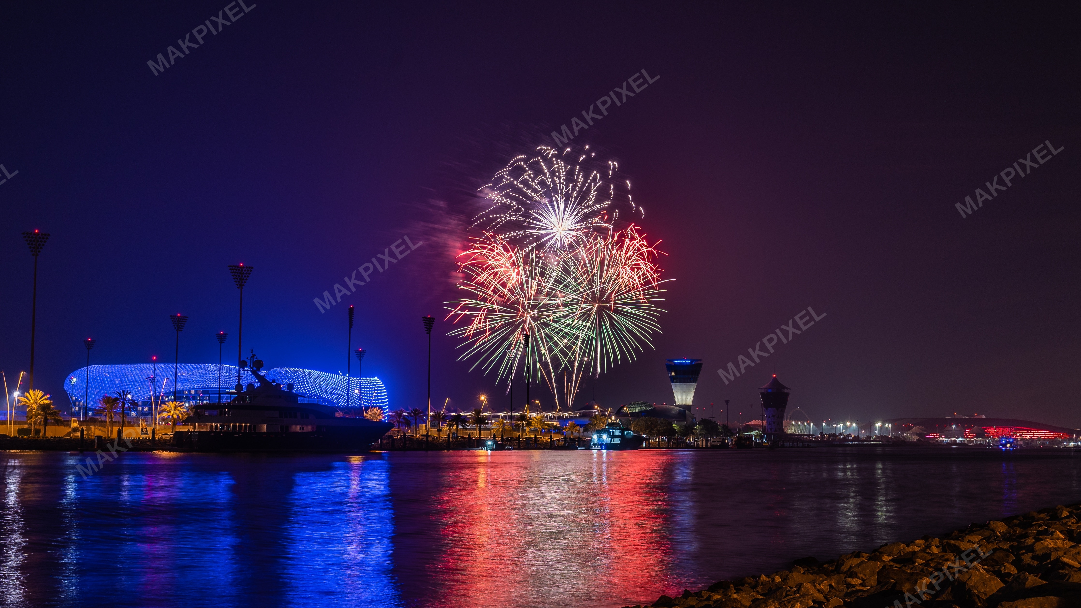 Yas Marina Abu Dhabi Fireworks Night | Illuminated Waterfront - Full size view