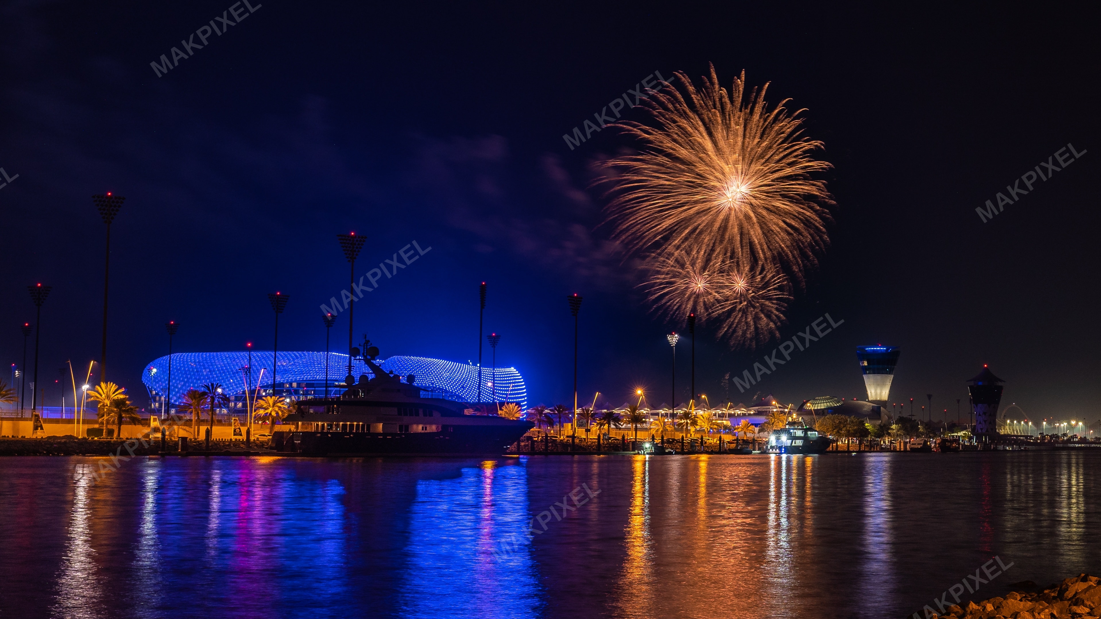 Yas Marina Abu Dhabi Fireworks Night | Illuminated Waterfront - Full size view
