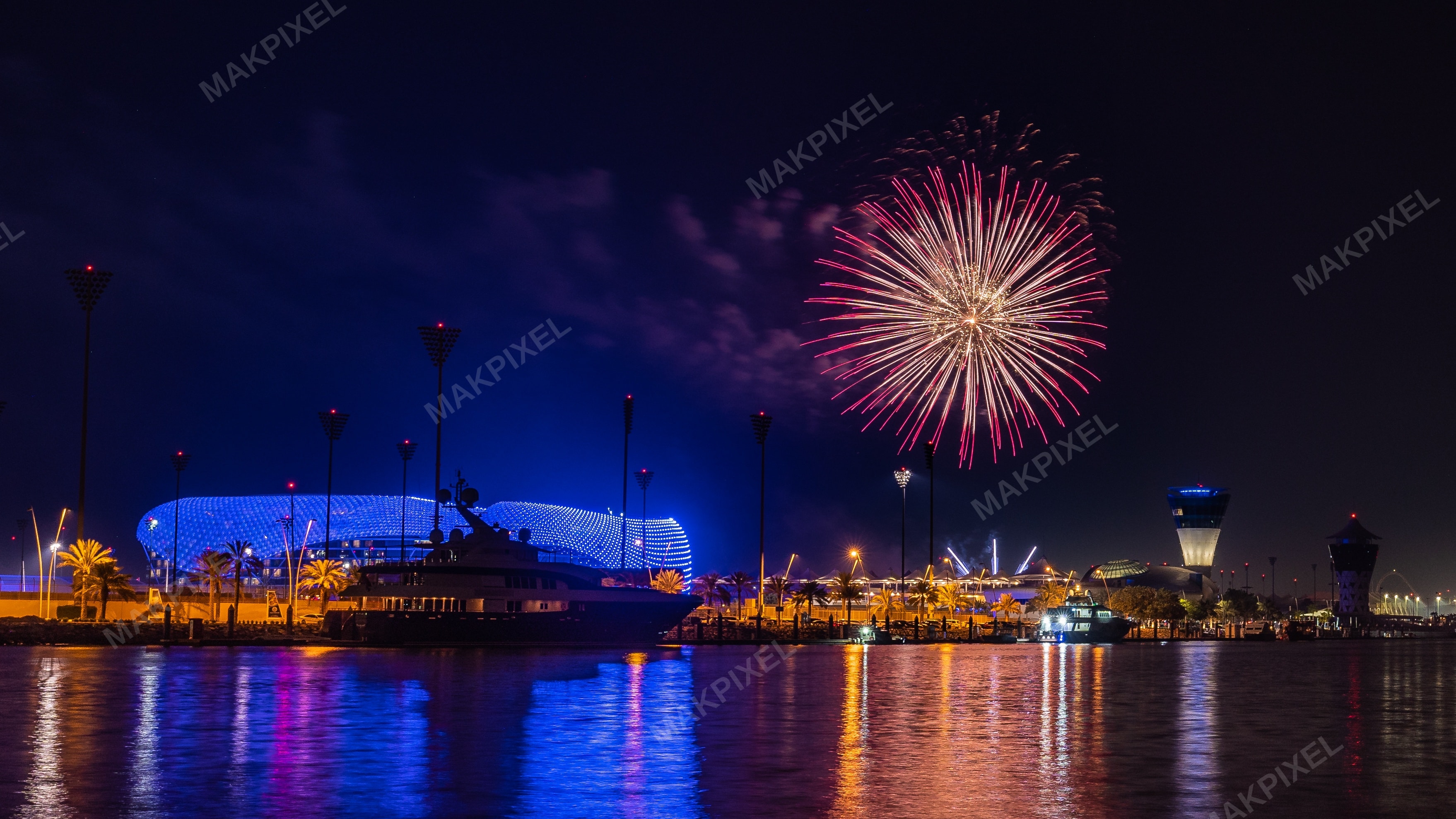 Yas Marina Abu Dhabi Fireworks Night | Illuminated Waterfront - Full size view