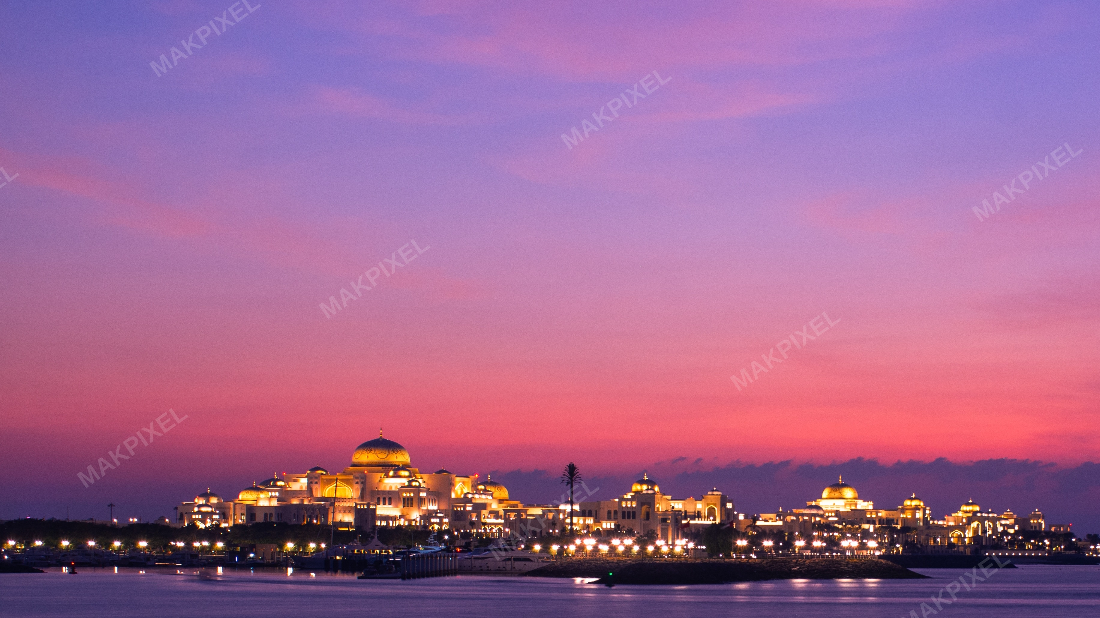 Qasr Al Watan Palace Illuminated at Sunset – Twilight Skyline - Full size view