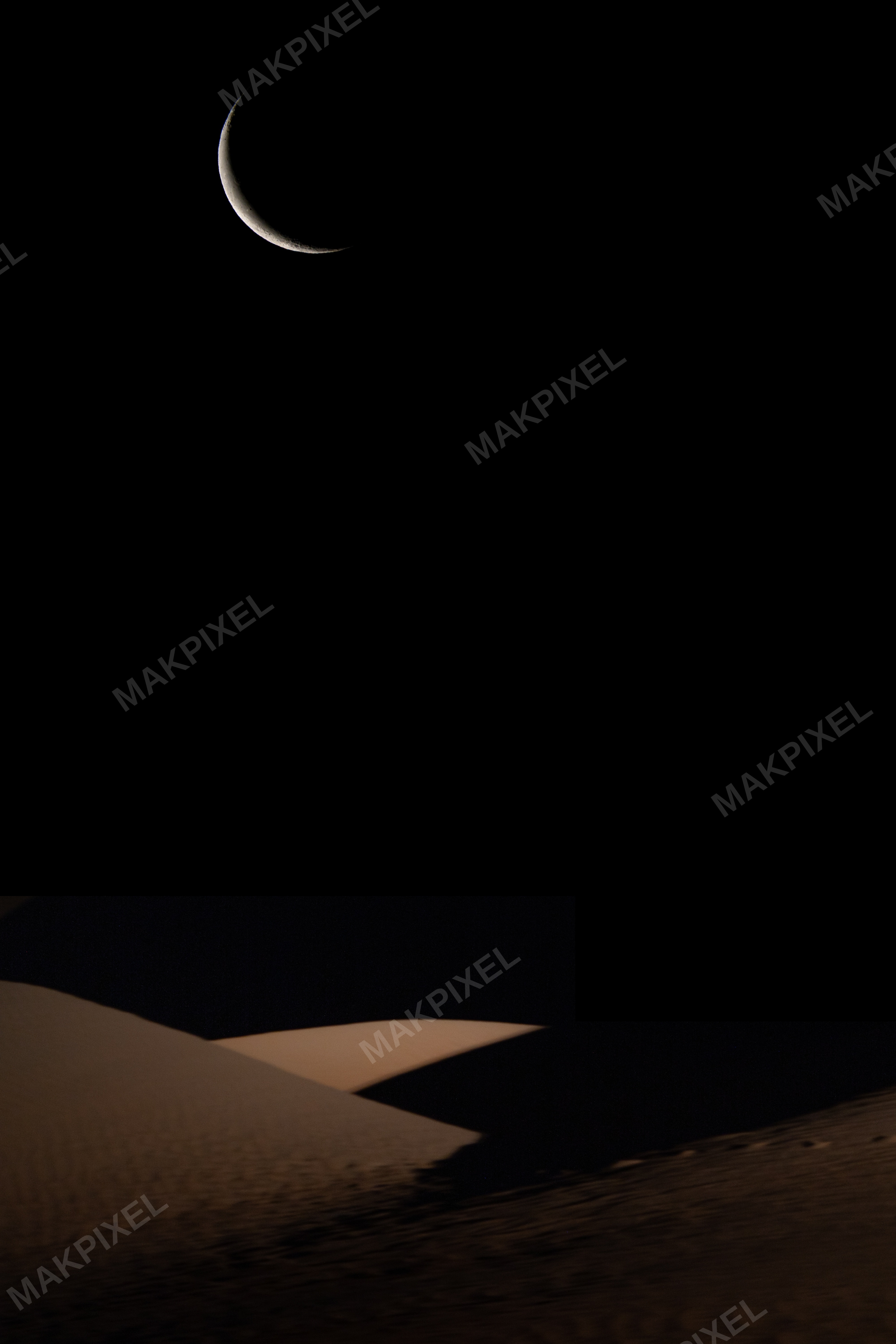 Crescent Moon Above Minimalist Desert Dunes – Nightscape in Abu Dhabi - Full size view
