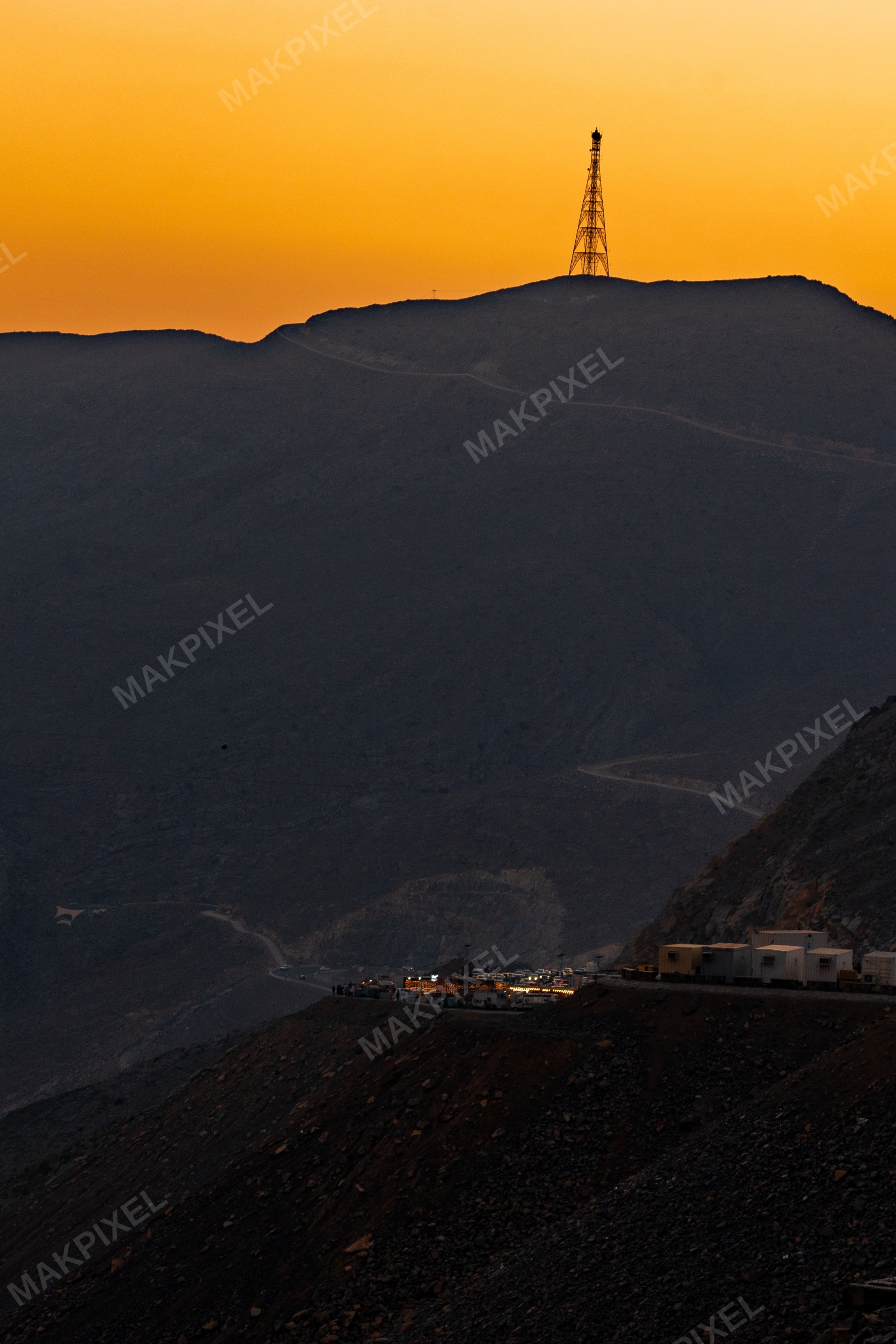 Mountain Silhouette and Sunset Tower – Orange Dusk Landscape, UAE - Full size view