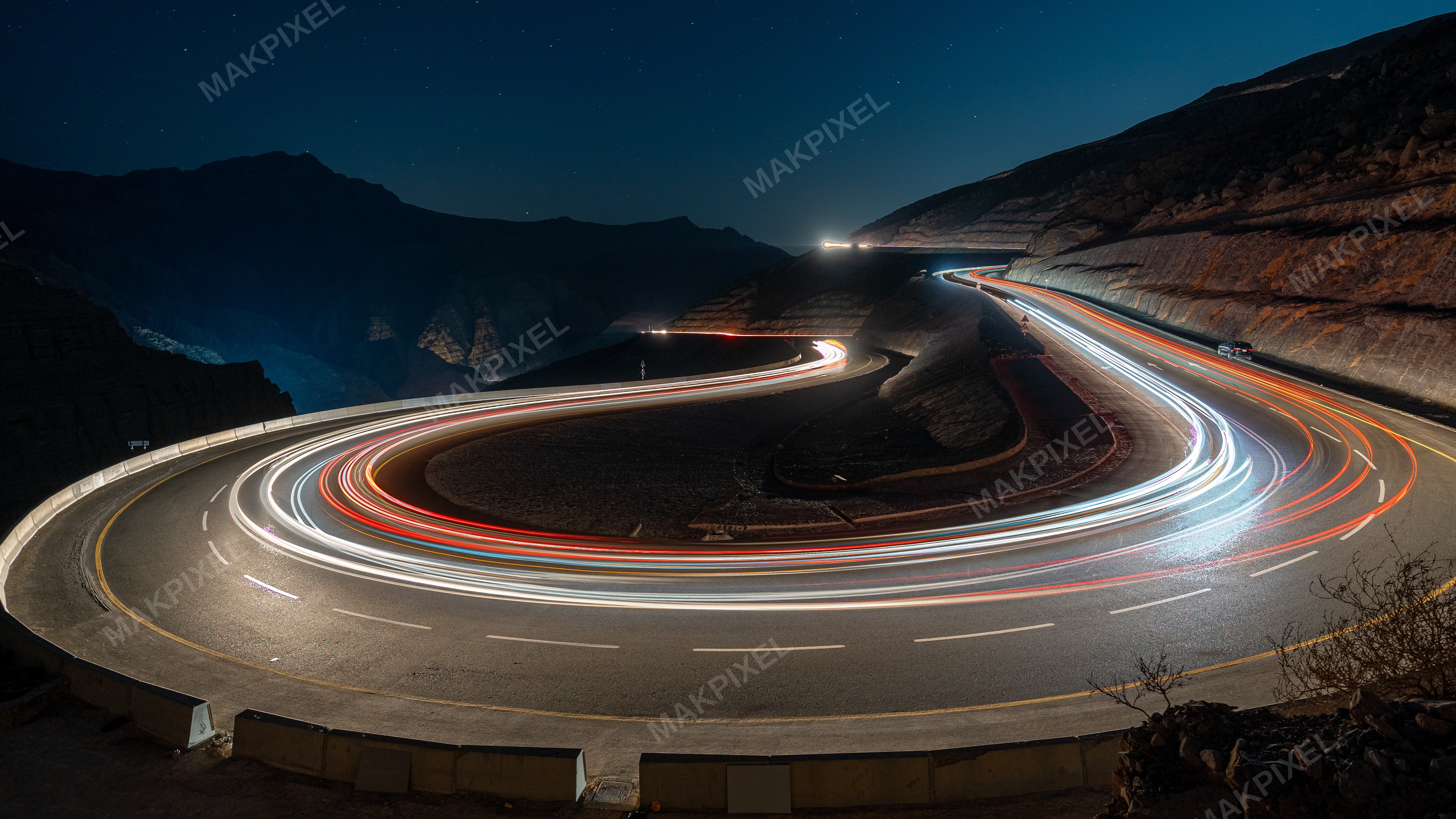 Mountain Road Light Trails at Night – Long Exposure Curves in UAE - Full size view
