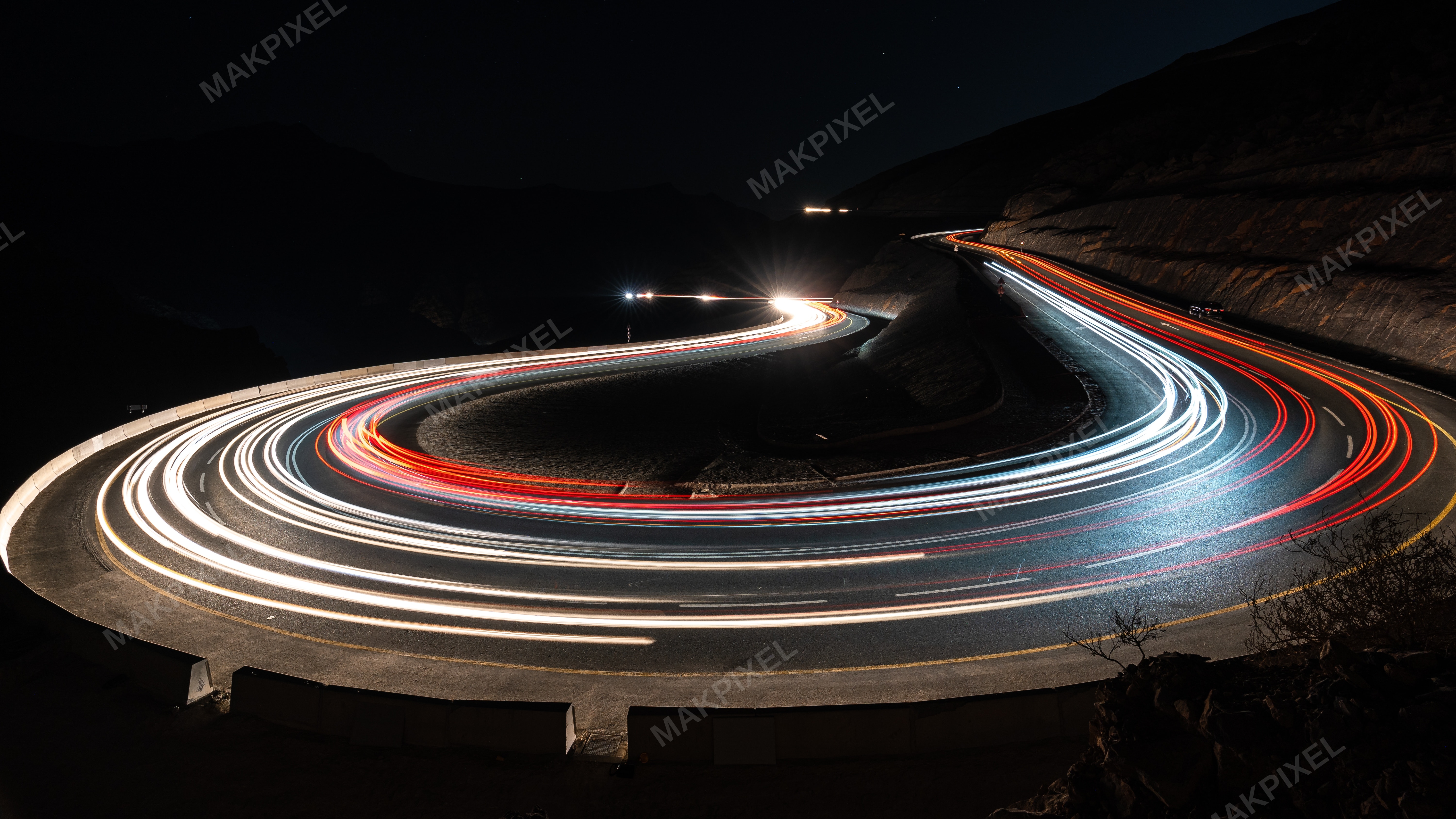 Mountain Road Light Trails Night Long Exposure Curves Stock - Full size view