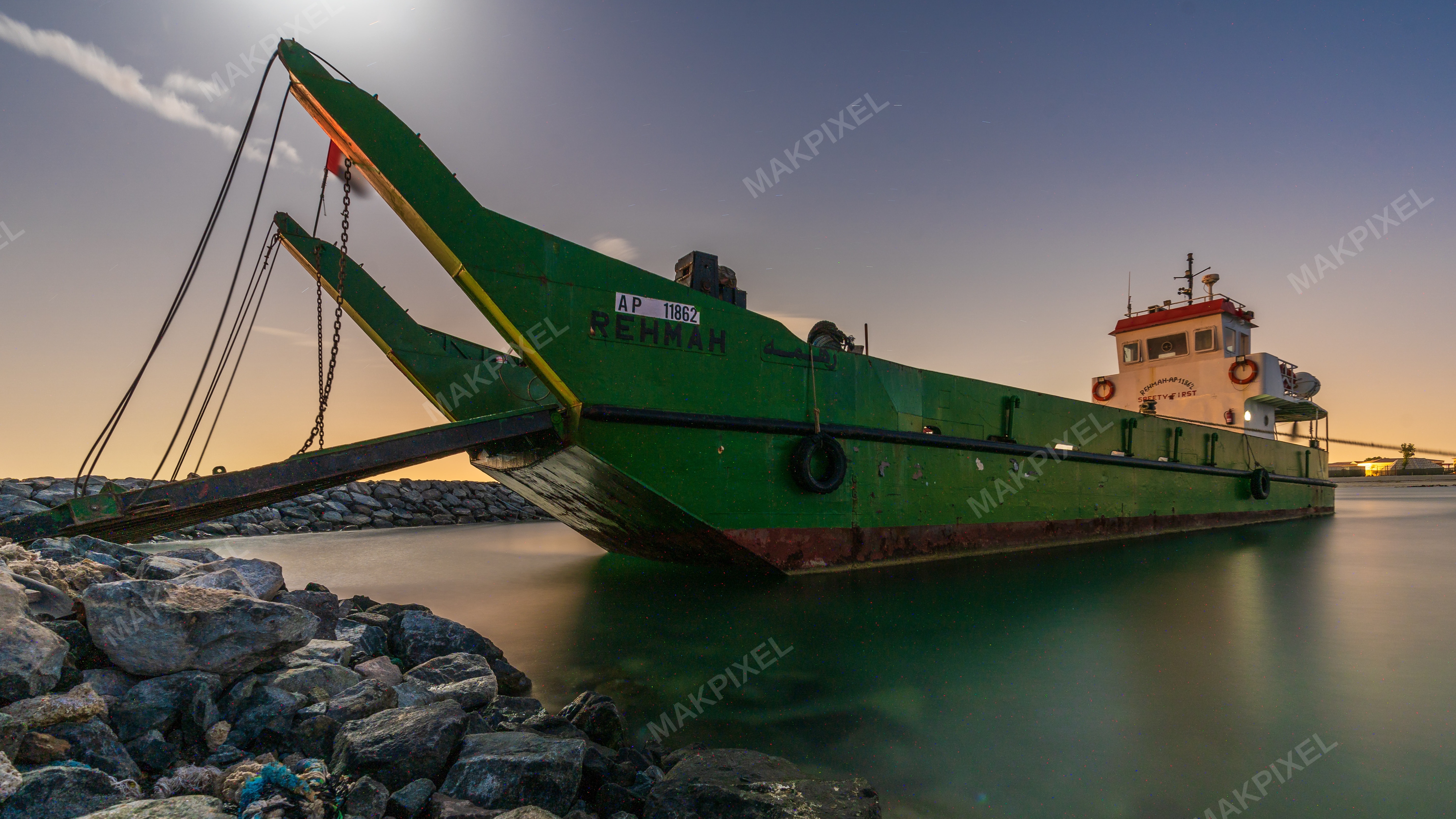 Green Barge Docked at Night – Moonlit Waterfront Harbor, Ras Al Khaima - Full size view