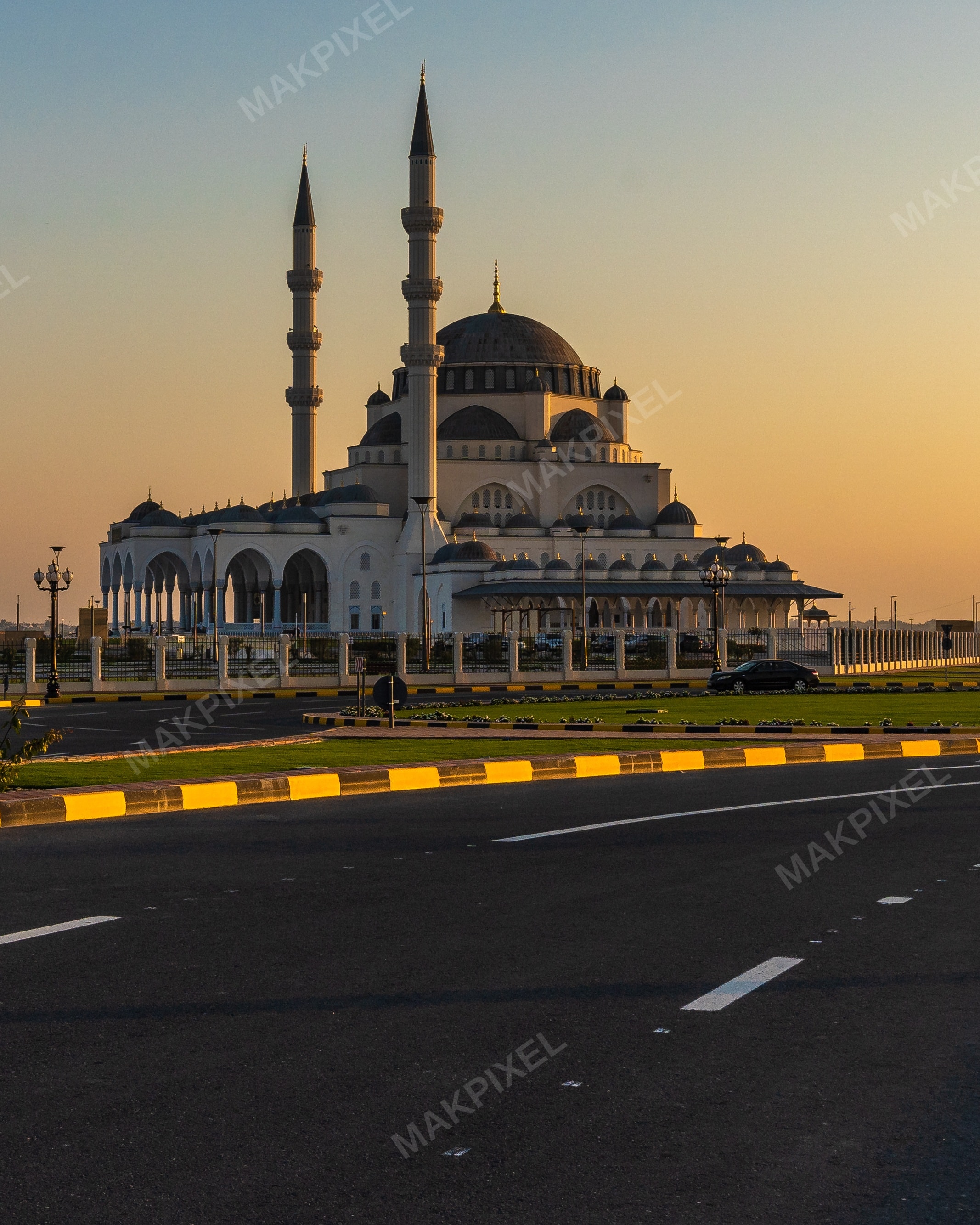 Sharjah Grand Mosque at Sunset Golden Hour Modern Islamic Architecture - Full size view