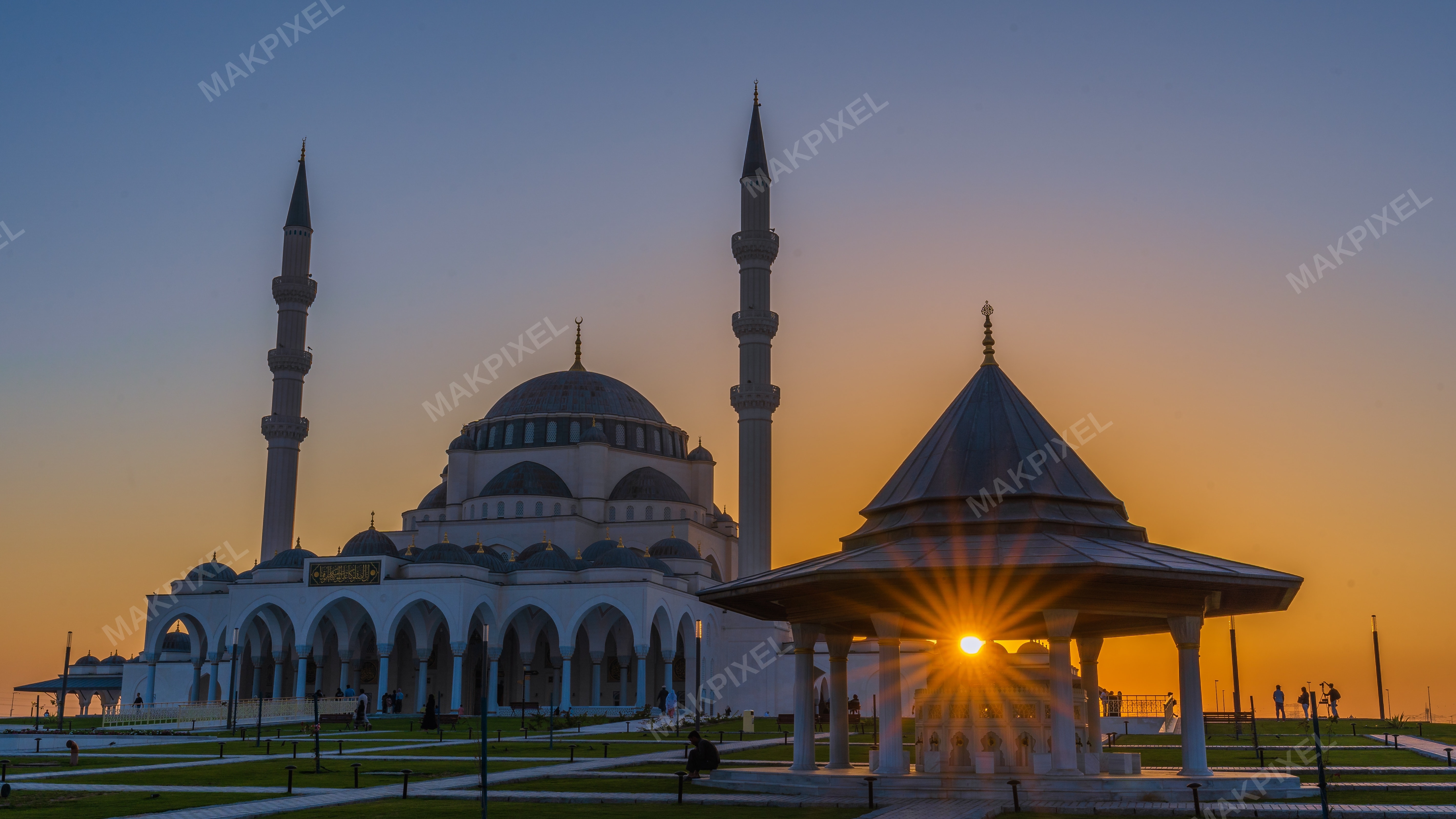 Sharjah Grand Mosque at Sunrise – Sunburst Golden Hour Architecture - Full size view