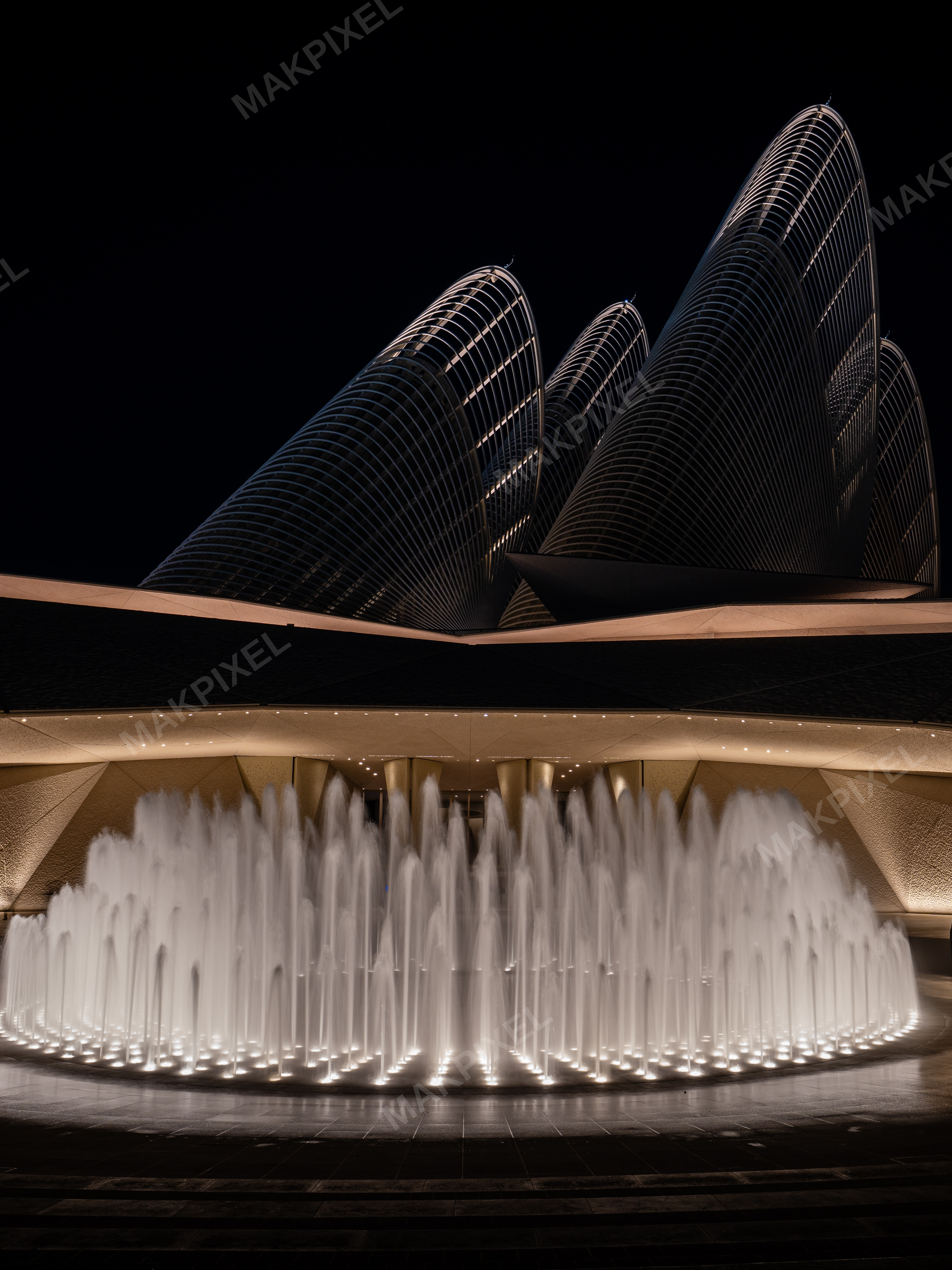 Zayed National Museum Dhabi Night Fountain Illuminated - Full size view