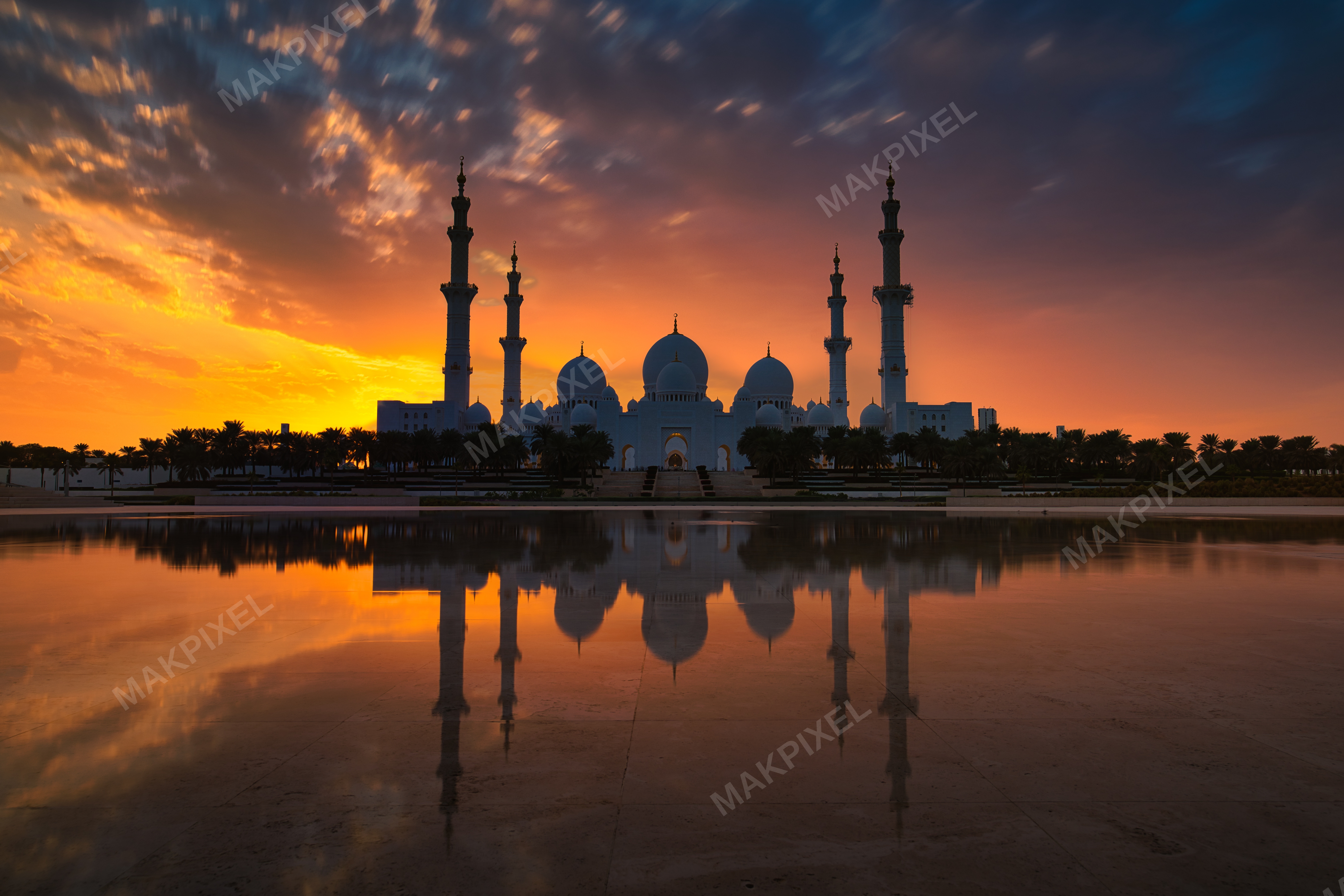 Sheikh Zayed Grand Mosque at Sunset with White Domes and Golden Hour #1 - Full size view