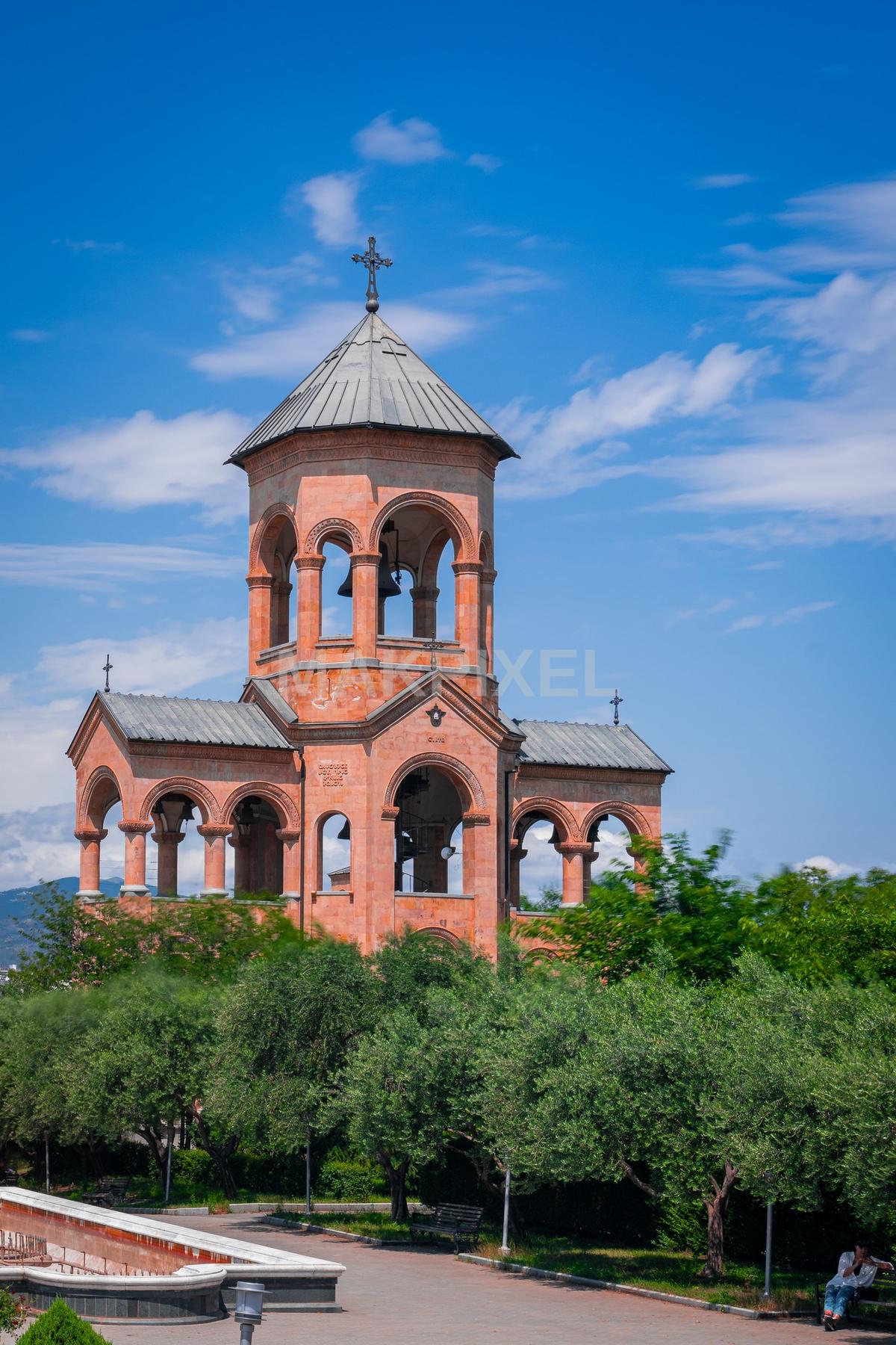 The landmark is a large, red-brick church with multiple t... - 1365×2048 stock photo