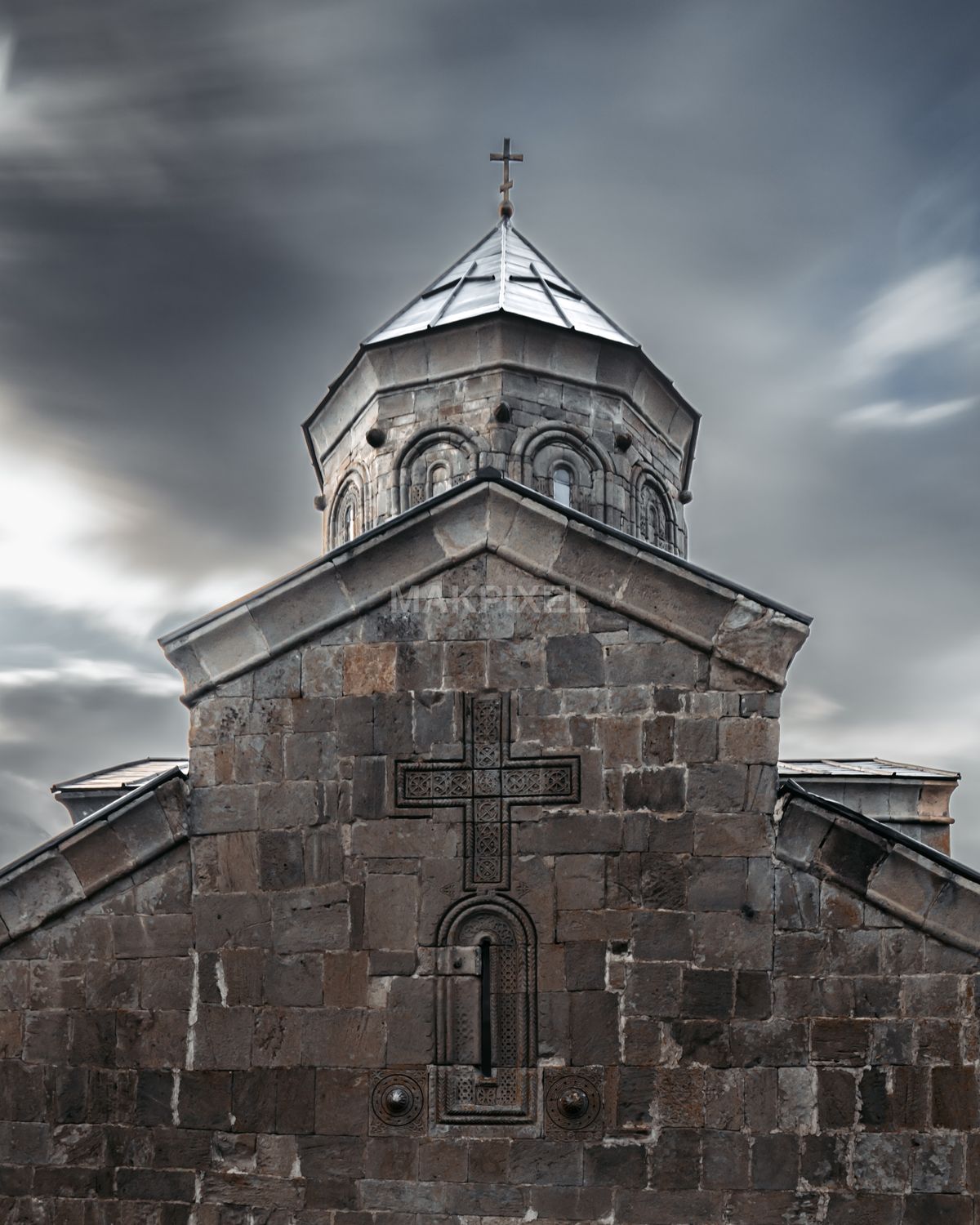 Kazbegi Large Stone Church Prominent Tower Cross Top. - 4037×5046 stock photo