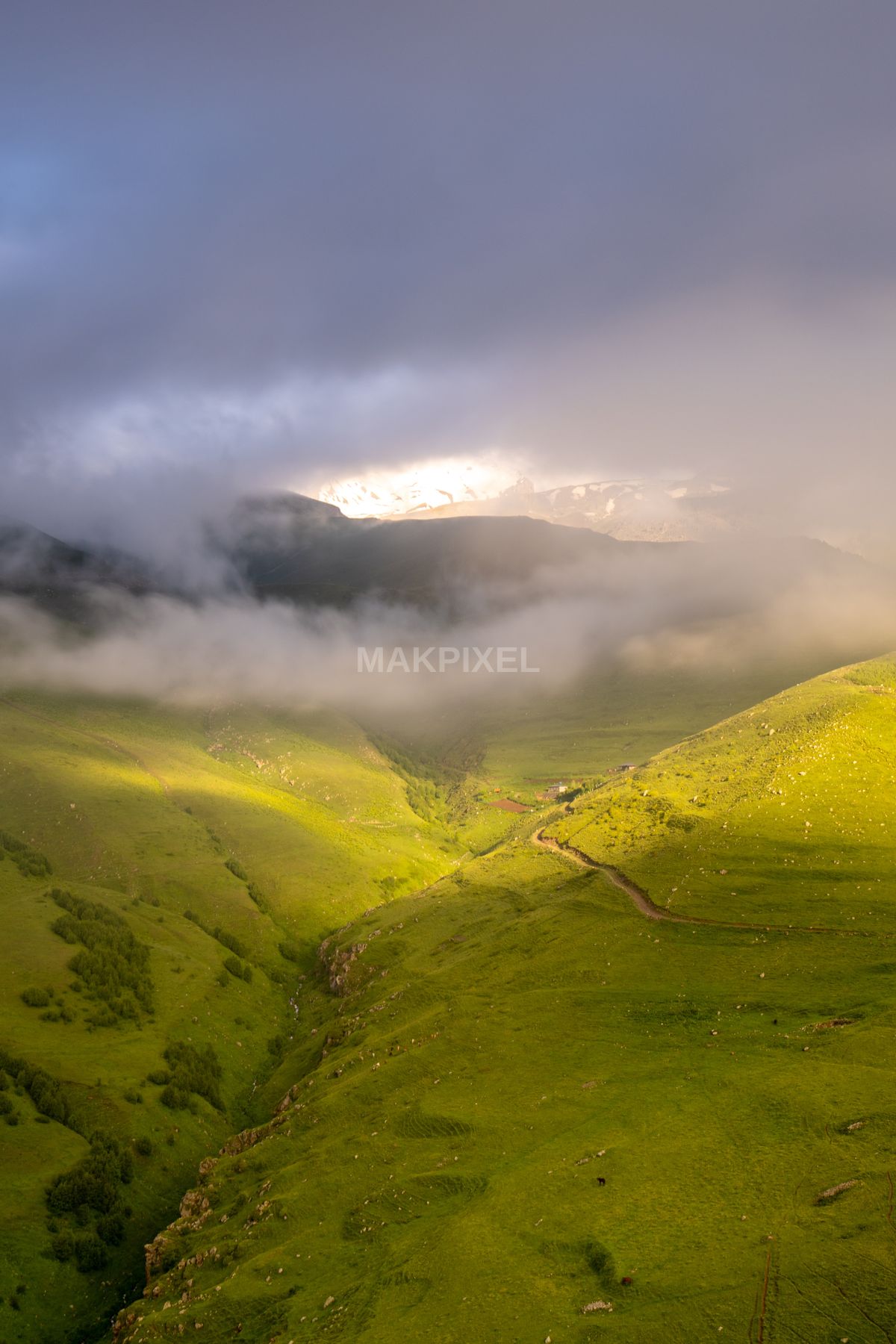 Kazbegi View Mountainous Landscape Under Cloudy Sky. - 4532×6798 stock photo